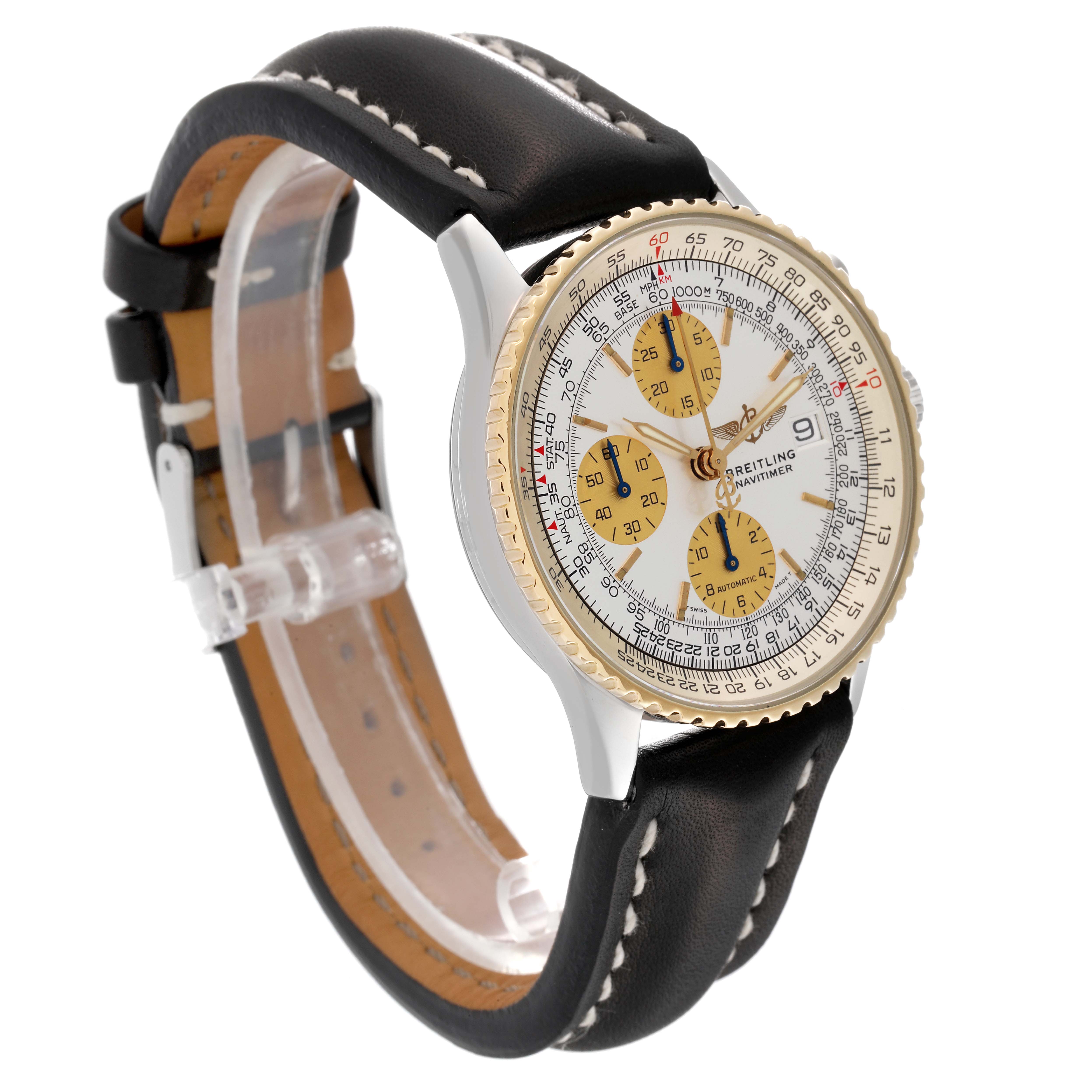 The image shows a Breitling Navitimer D13022 Men
s Stainless Steel White Dial D13022 Men
s Stainless Steel White Dial watch at a slight angle, revealing the face, bezel, and leather strap.