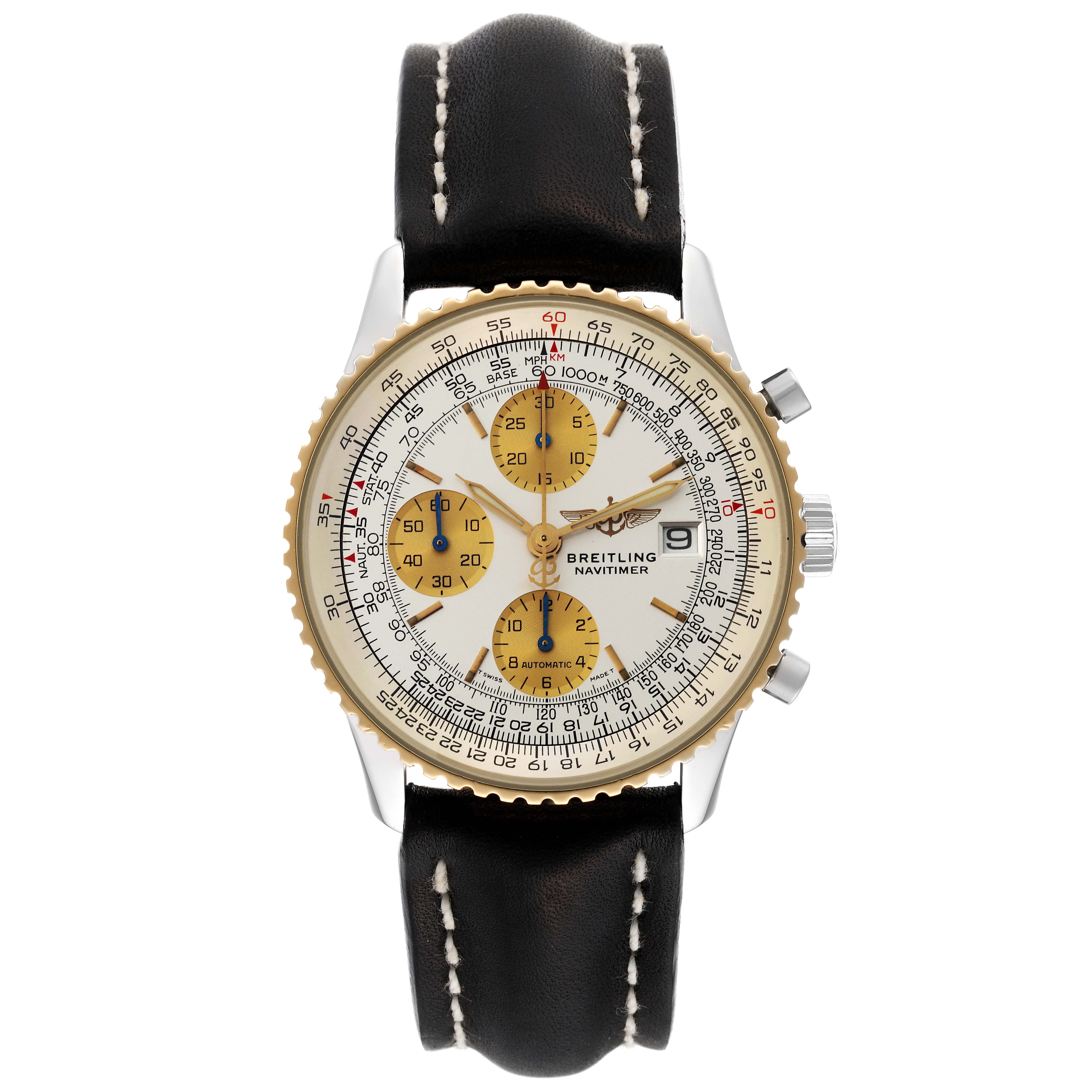 The image shows a front view of the Breitling Navitimer D13022 Men
s Stainless Steel White Dial D13022 Men
s Stainless Steel White Dial watch, showcasing its dial, sub-dials, bezel, case, and strap.