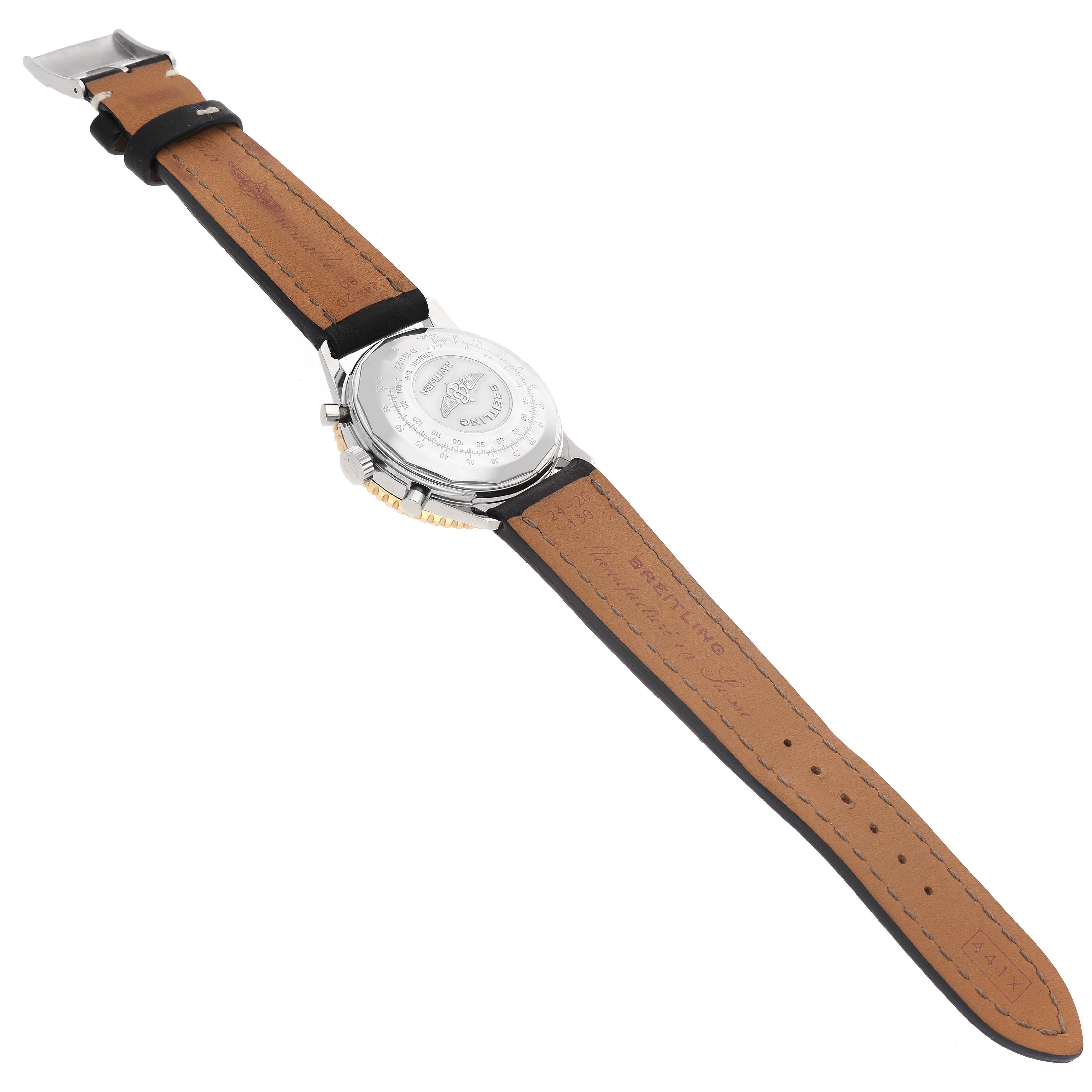 The image shows the back and strap of a Breitling Navitimer D13022 Men
s Stainless Steel White Dial D13022 Men
s Stainless Steel White Dial watch from an angled, top-down perspective.