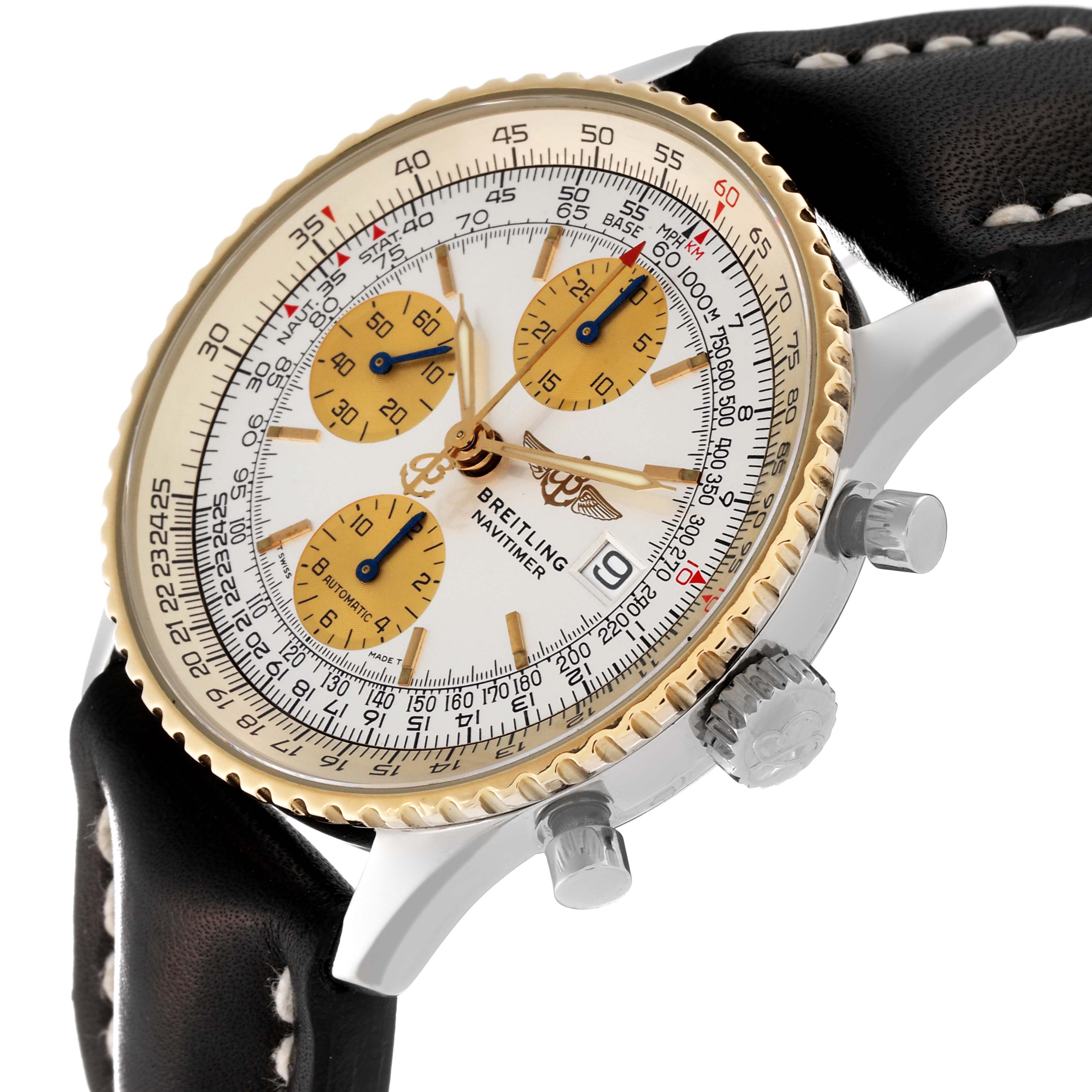 The image shows a close-up angle of a Breitling Navitimer D13022 Men
s Stainless Steel White Dial D13022 Men
s Stainless Steel White Dial watch, highlighting the dial, bezel, crown, pushers, and part of the leather strap.