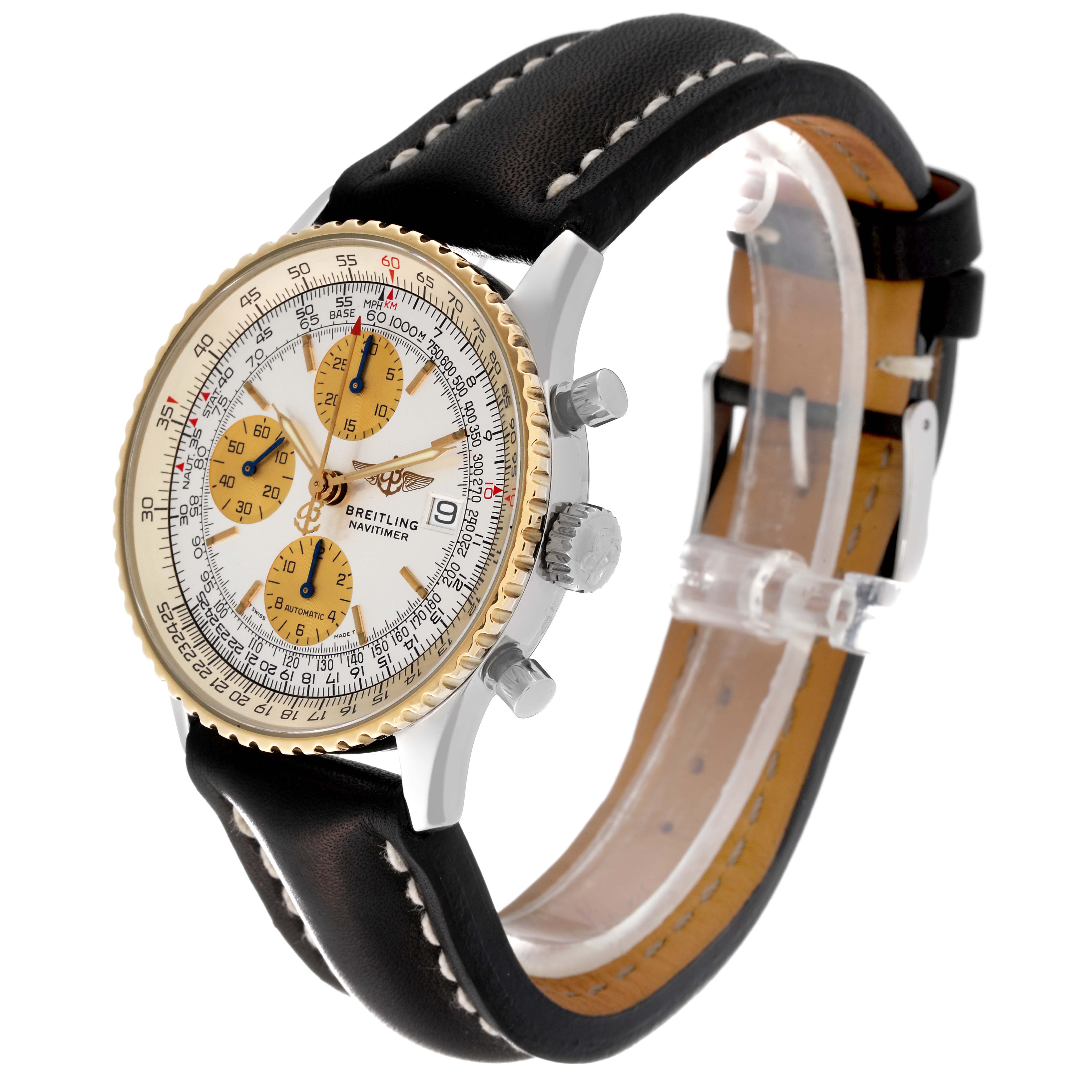 The Breitling Navitimer D13022 Men
s Stainless Steel White Dial D13022 Men
s Stainless Steel White Dial watch is shown at an angled side view, displaying its face, dial, bezel, and leather strap.