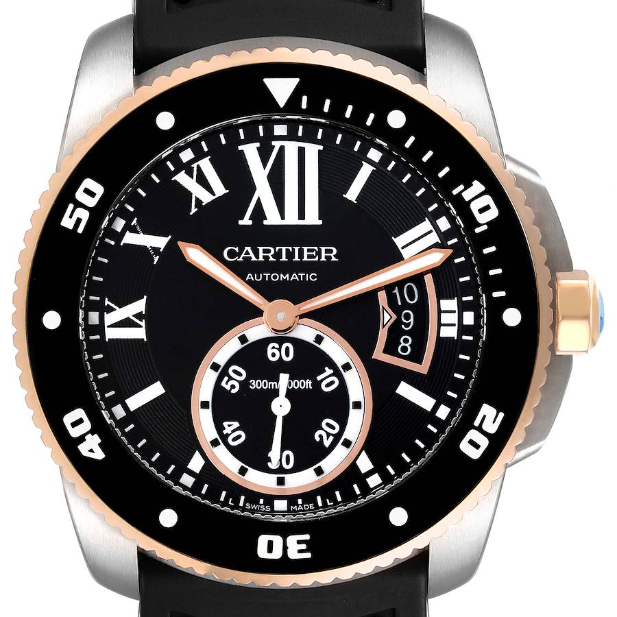 Cartier Calibre Diver Steel Rose Gold Black Dial Mens Watch W7100055 Box Papers SwissWatchExpo