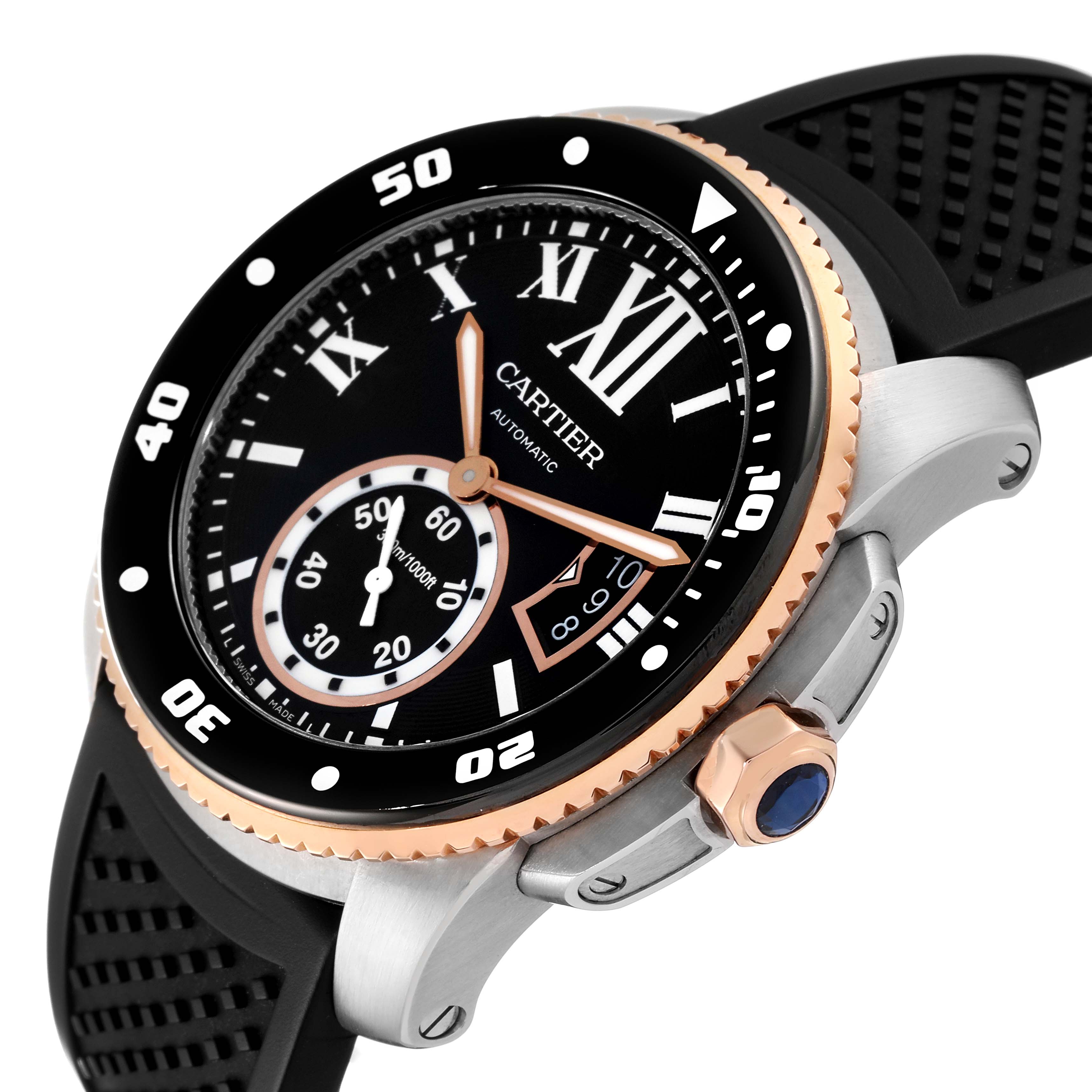 The Calibre de Cartier watch by Cartier is shown at an angle highlighting the dial, bezel, crown, and part of the strap.