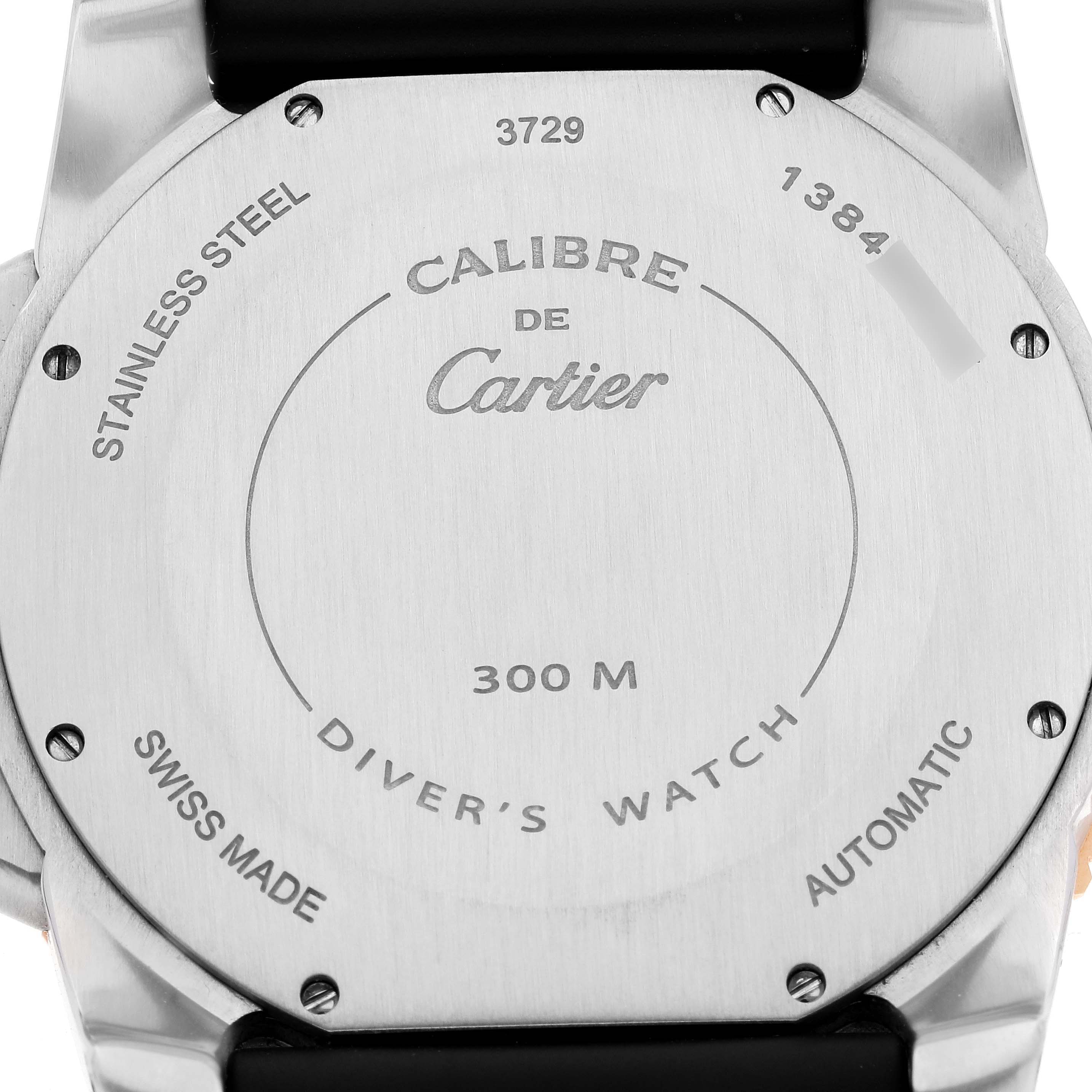This image shows the back case, model details, and engravings of a Calibre de Cartier watch by Cartier.