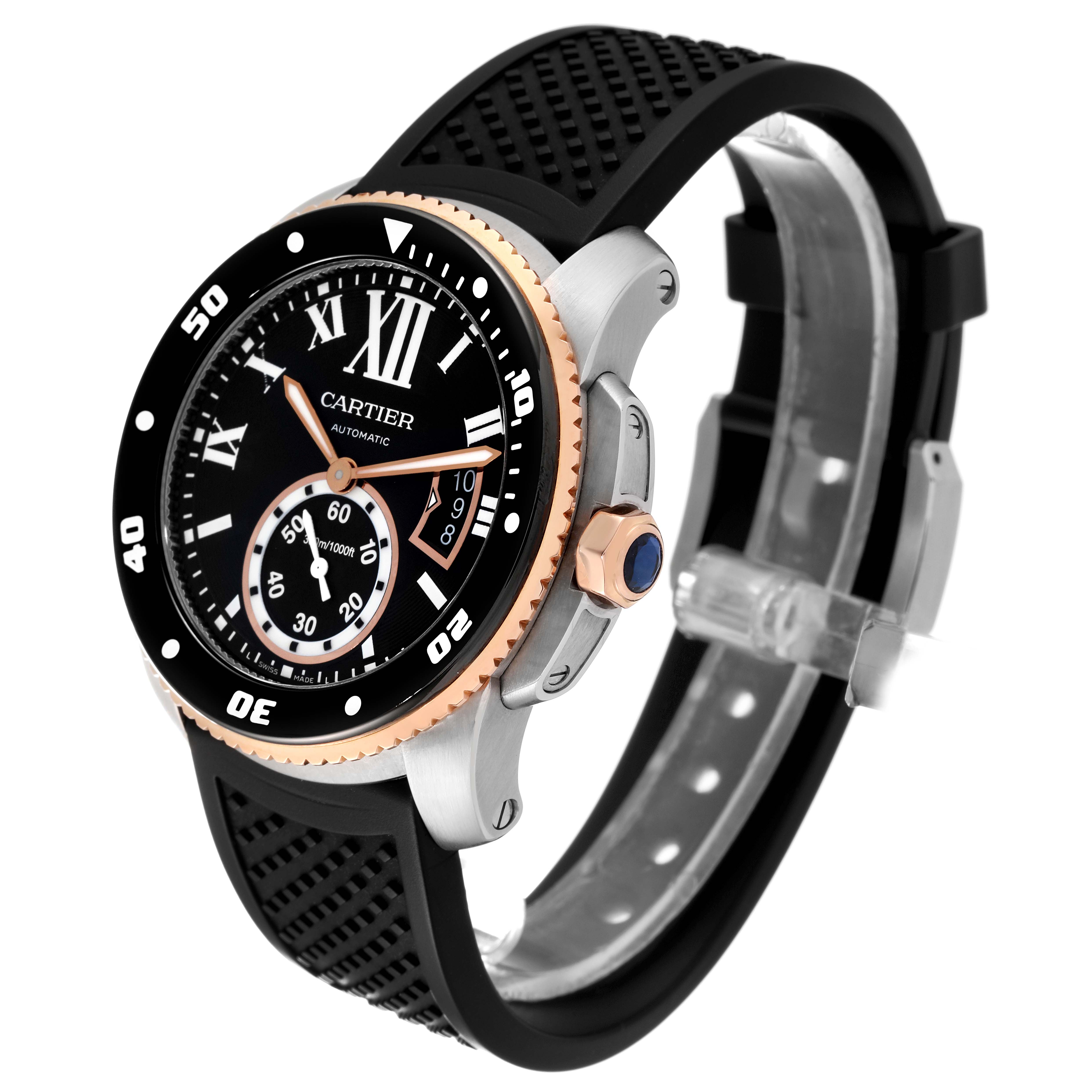 The image shows a side-angle view of the Calibre de Cartier watch by Cartier, highlighting its black dial, bezel, and rubber strap.