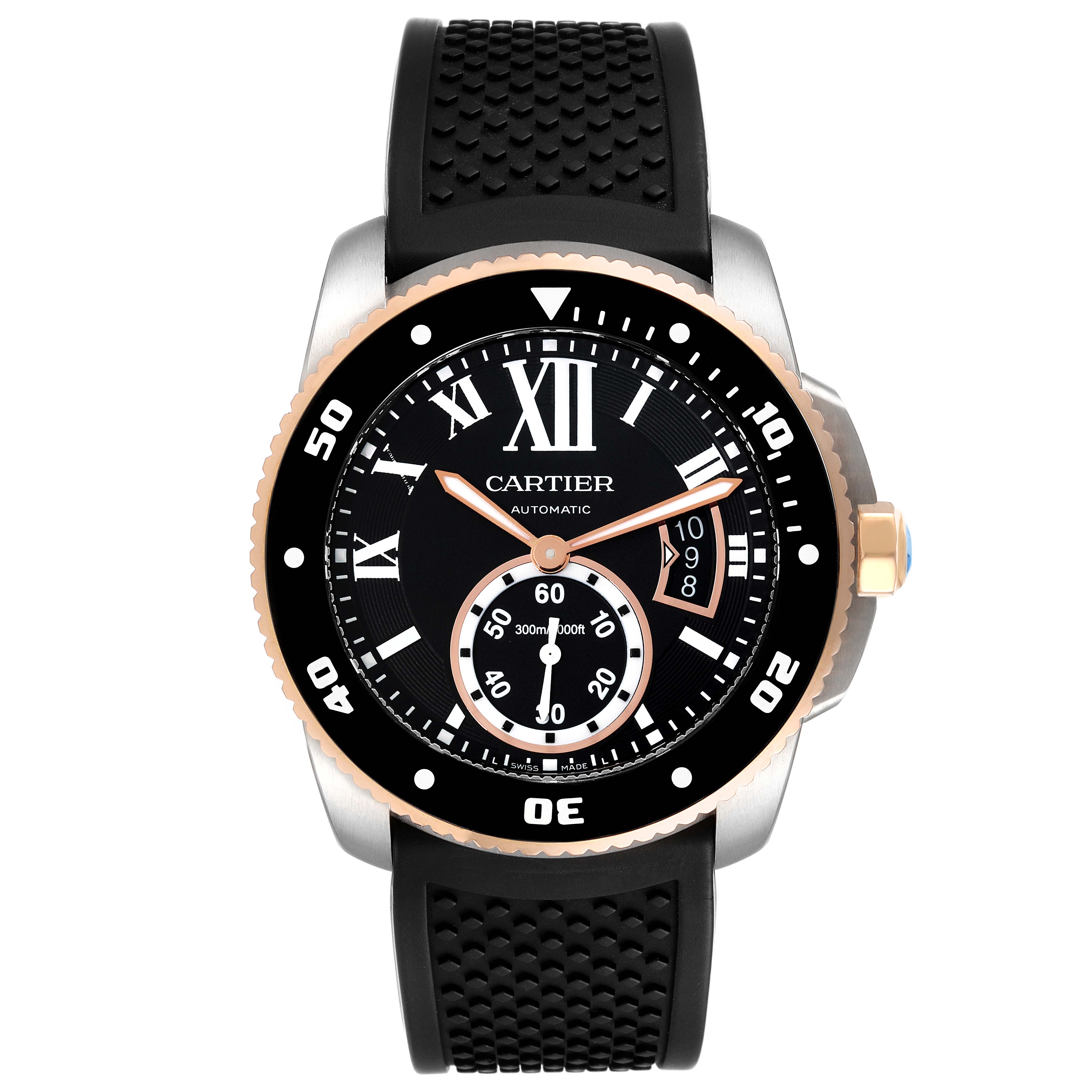 The image shows a front view of a Calibre de Cartier watch by Cartier, displaying the entire face and strap.