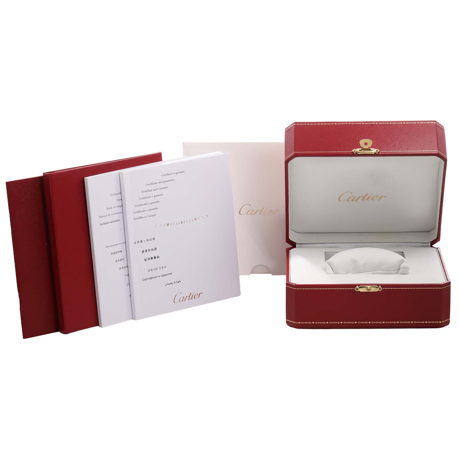 The image shows the Cartier Ronde W2RN0005 Men's Stainless Steel Grey Dial model packaging with an open red box, documents, and a branded cushion.