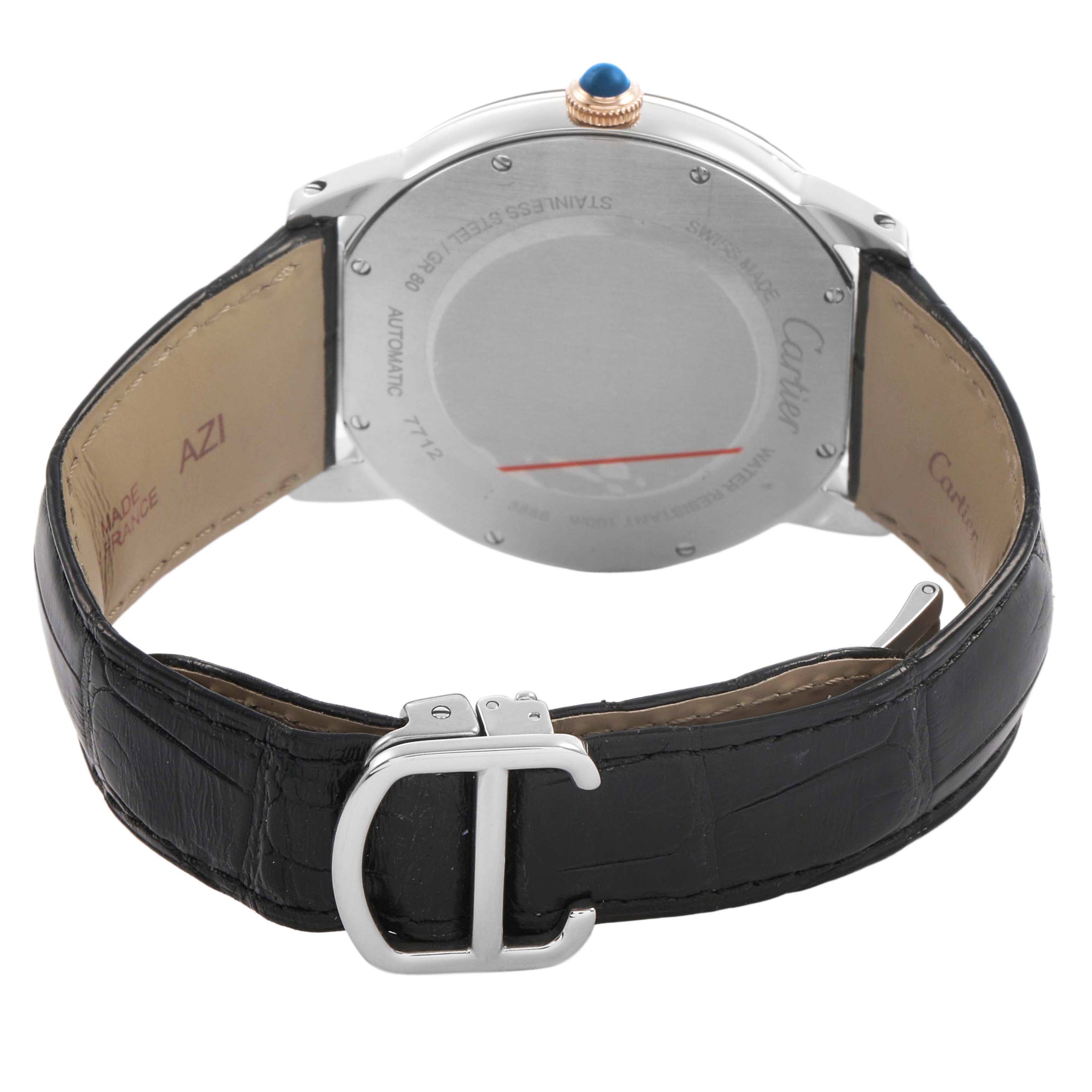 The image shows the back of the Cartier Ronde W2RN0005 Men's Stainless Steel Grey Dial watch, highlighting the case back, strap, and buckle.