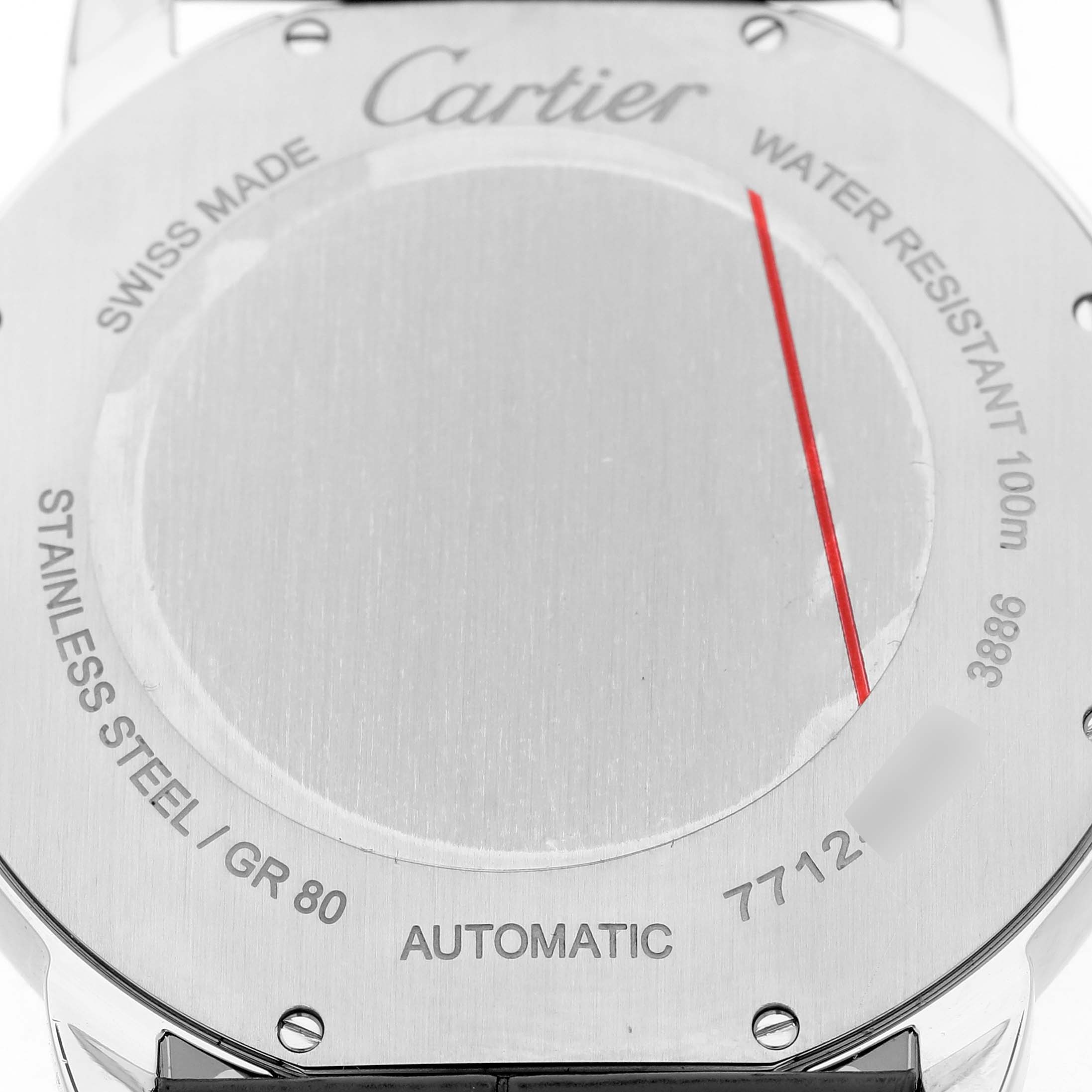 The image shows the back case of the Cartier Ronde W2RN0005 Men's Stainless Steel Grey Dial watch, featuring text such as "SWISS MADE" and "WATER RESISTANT."