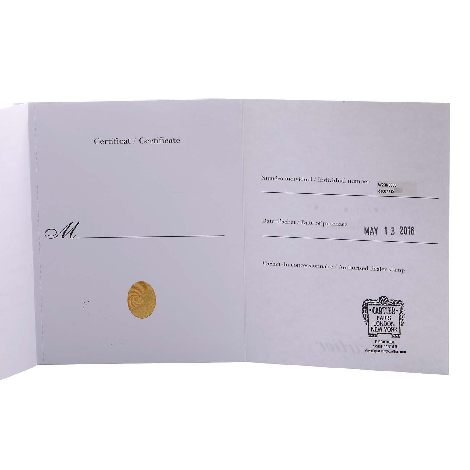 The image shows an open warranty certificate for a Cartier Ronde W2RN0005 Men's Stainless Steel Grey Dial watch, featuring purchase date and dealer stamp.
