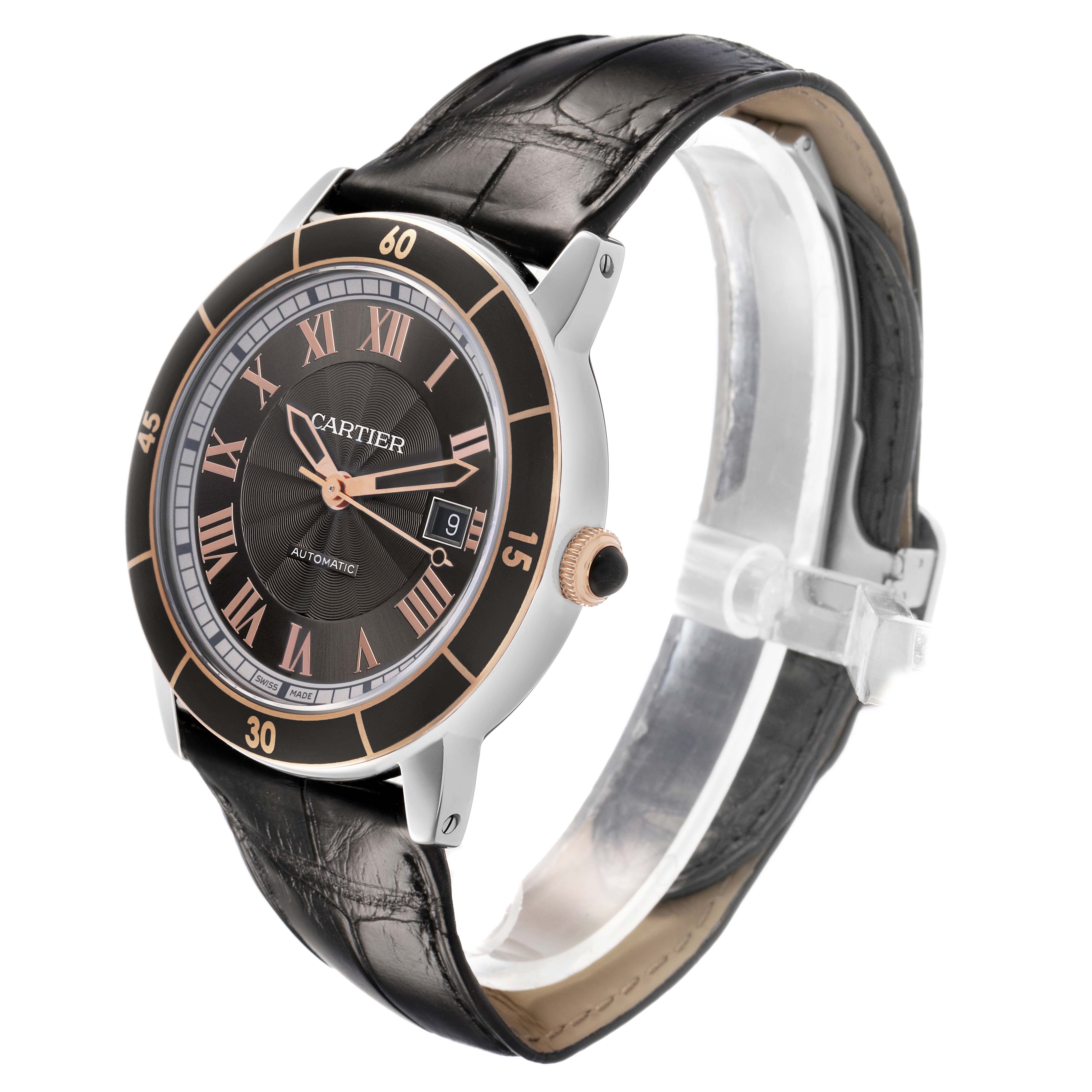 The Cartier Ronde W2RN0005 Men's Stainless Steel Grey Dial watch is shown at a front-angle, highlighting the dial, bezel, leather strap, and crown.