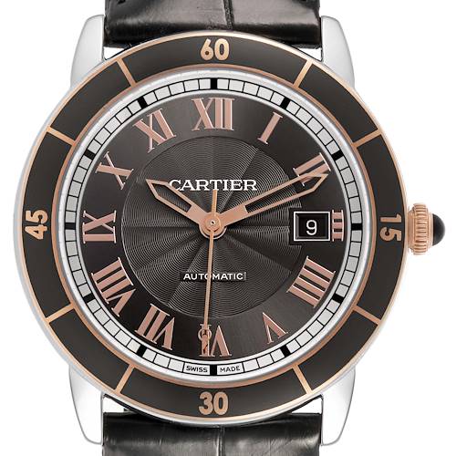 The Cartier Ronde W2RN0005 Men's Stainless Steel Grey Dial watch is shown from a front angle, highlighting the dial, hands, Roman numerals, and date window.