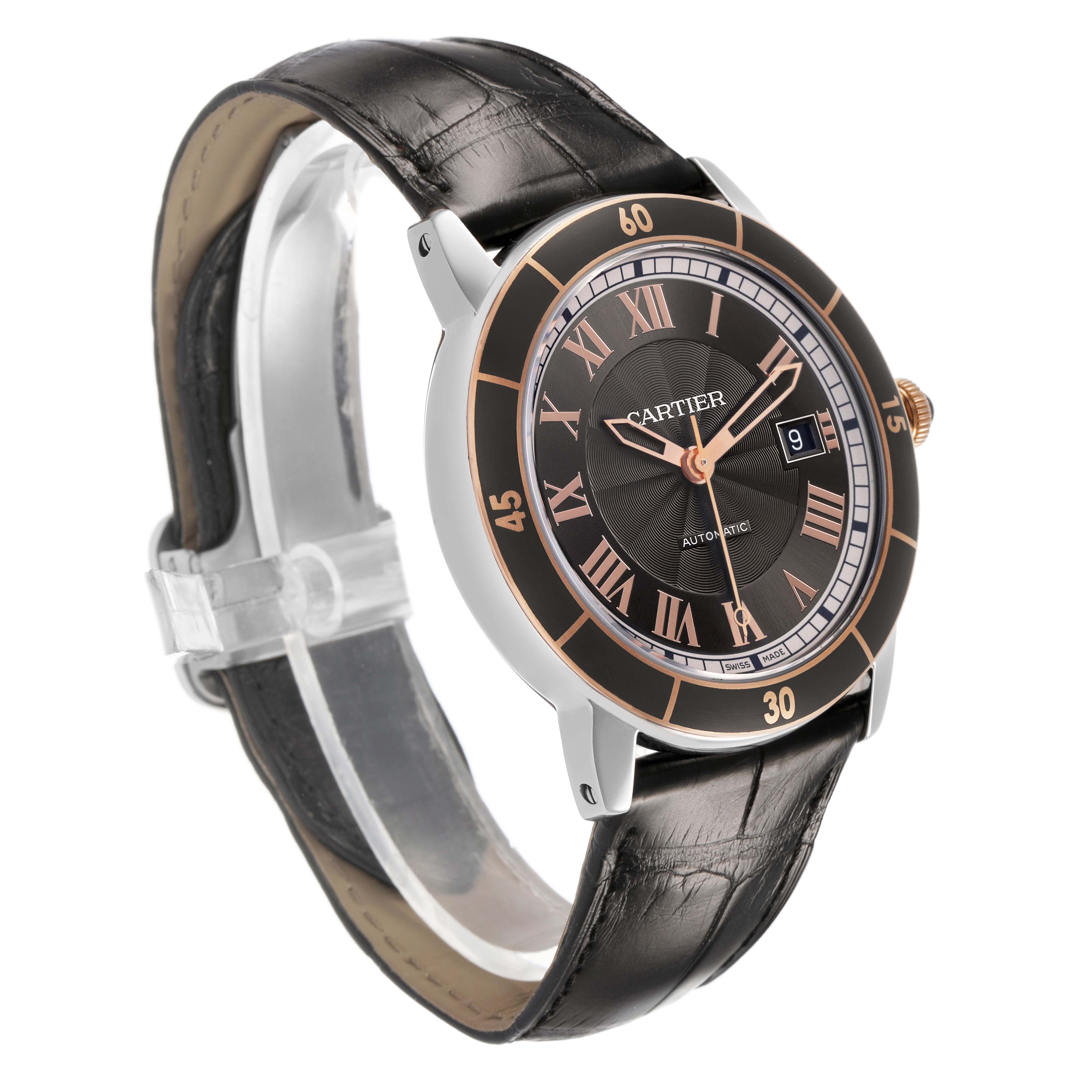 The Cartier Ronde W2RN0005 Men's Stainless Steel Grey Dial watch is shown at a three-quarter angle, highlighting the face, bezel, and leather strap.