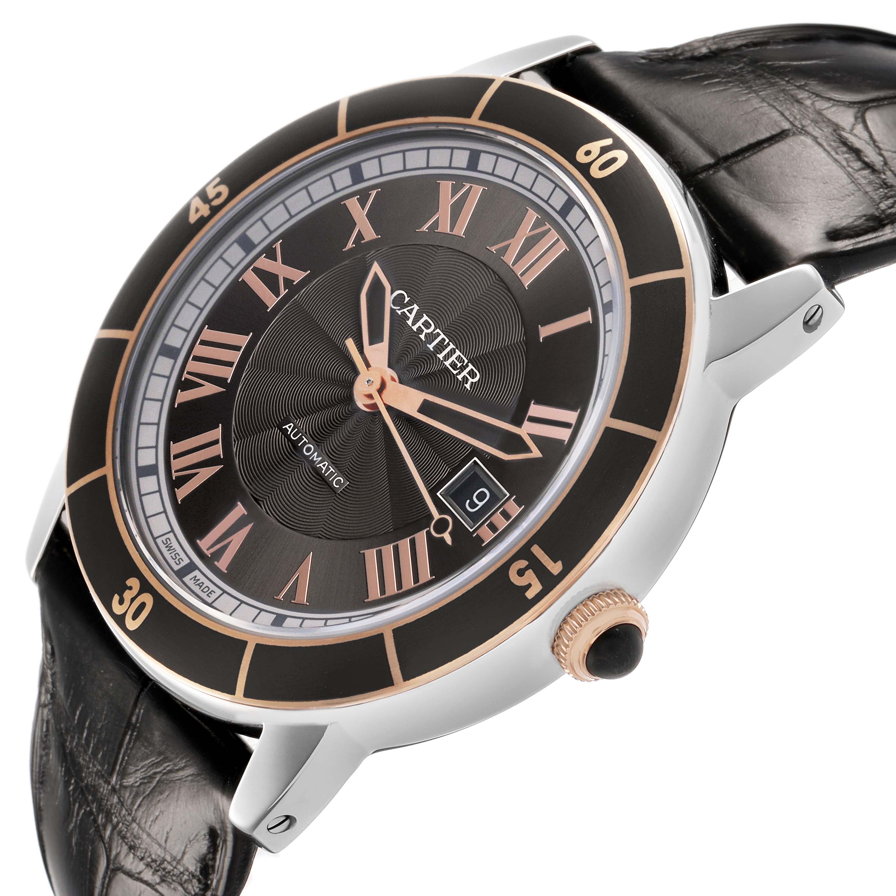 The Cartier Ronde W2RN0005 Men's Stainless Steel Grey Dial watch is shown at a three-quarter angle, displaying the dial, crown, bezel, and leather strap.