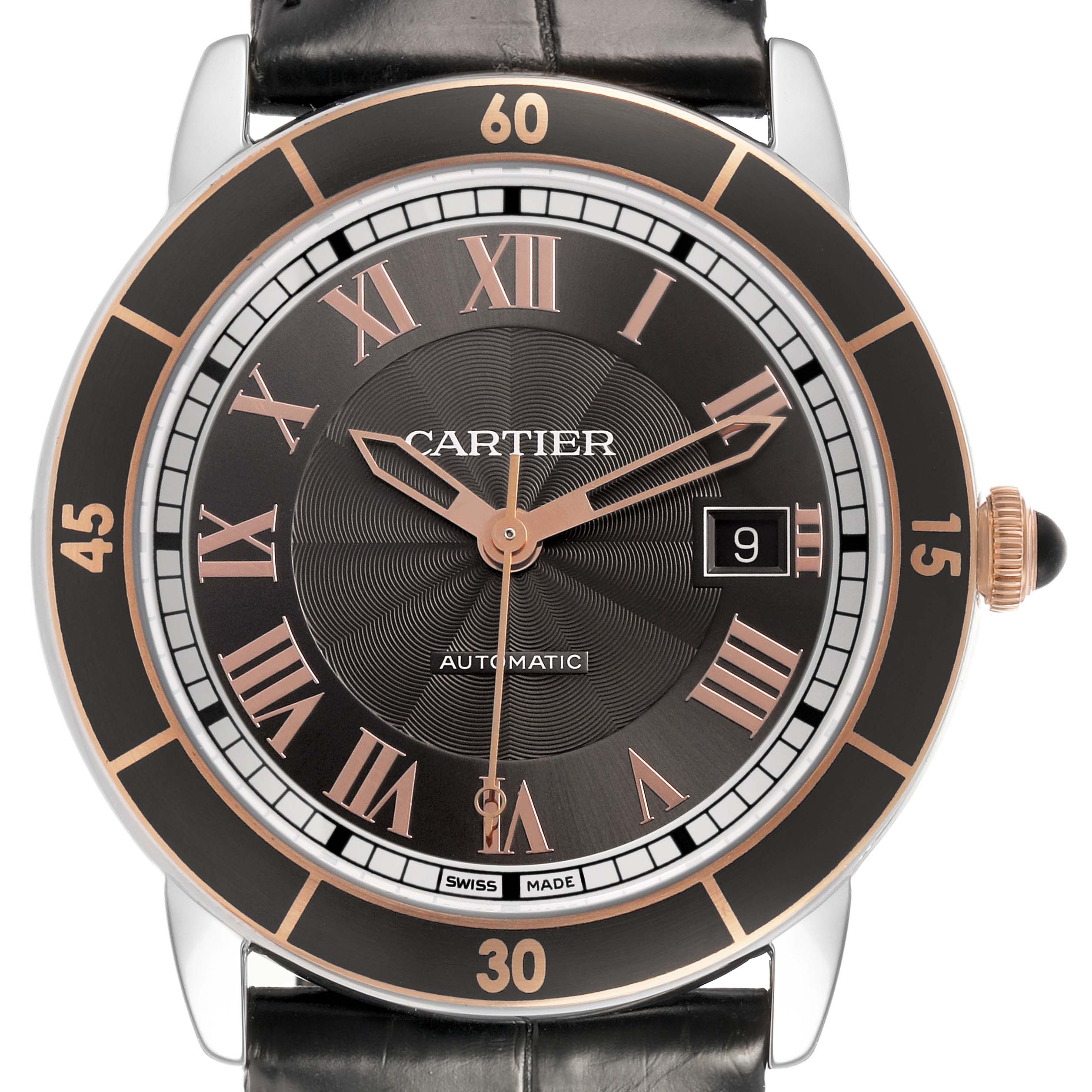 The Cartier Ronde W2RN0005 Men's Stainless Steel Grey Dial model watch is shown from a front angle, highlighting the dial, hands, date window, and bezel.