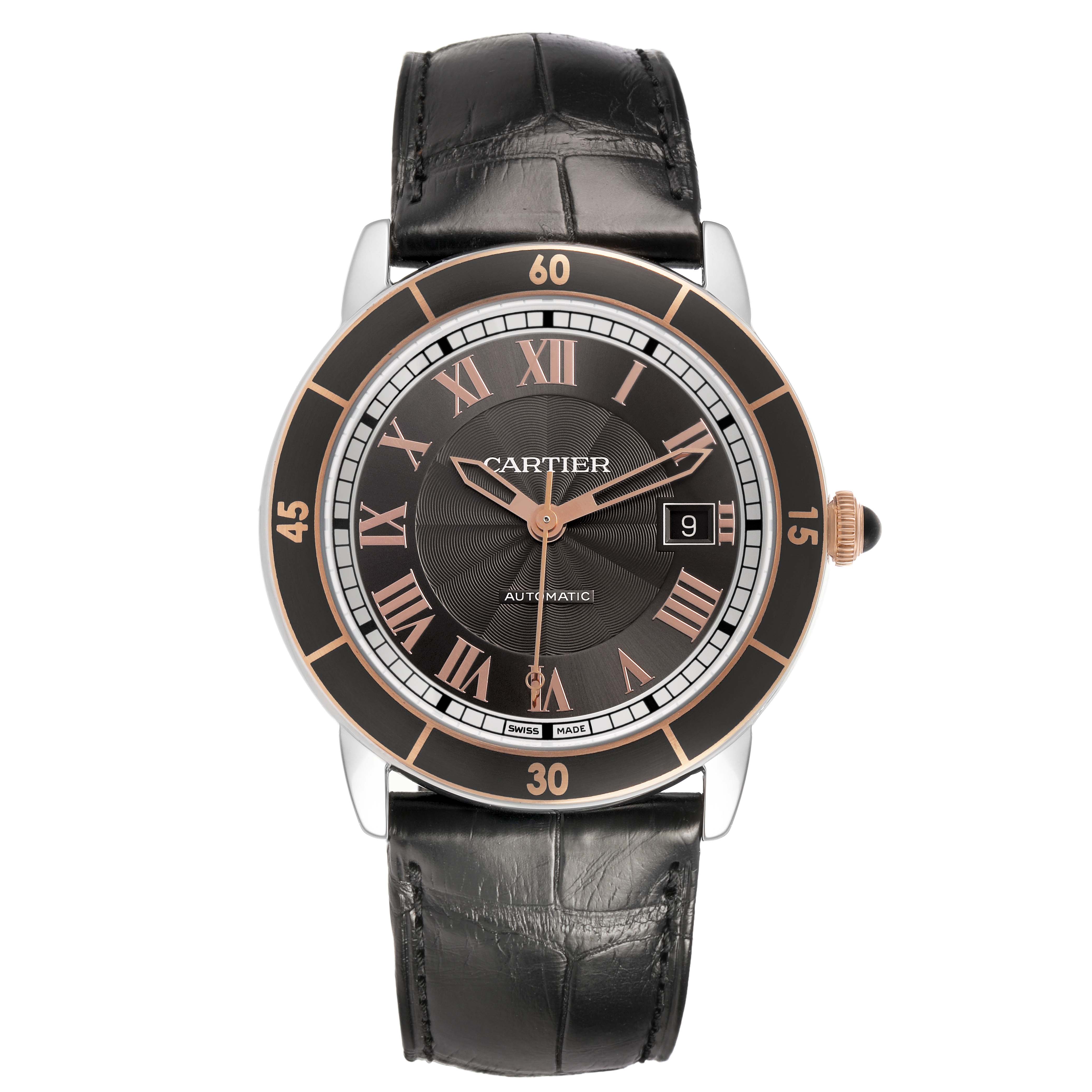 The Cartier Ronde W2RN0005 Men's Stainless Steel Grey Dial watch is shown from the front, displaying its dial, bezel, hands, numerals, and black leather strap.