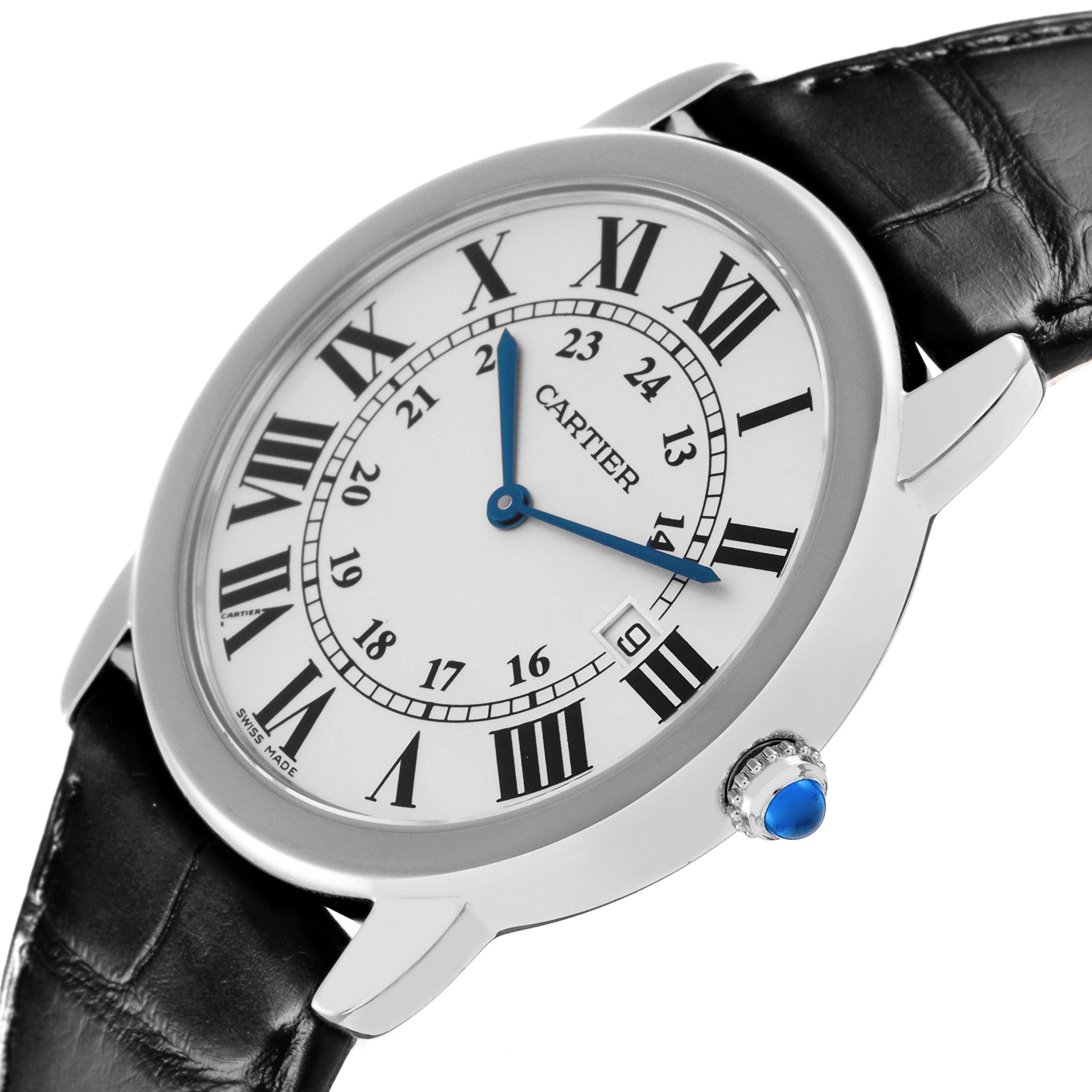 The Cartier Ronde W6700255 Men
s Stainless Steel Silver Dial W6700255 Men
s Stainless Steel Silver Dial watch is shown at an angle highlighting the face, Roman numerals, blue hands, and crown with a blue cabochon.