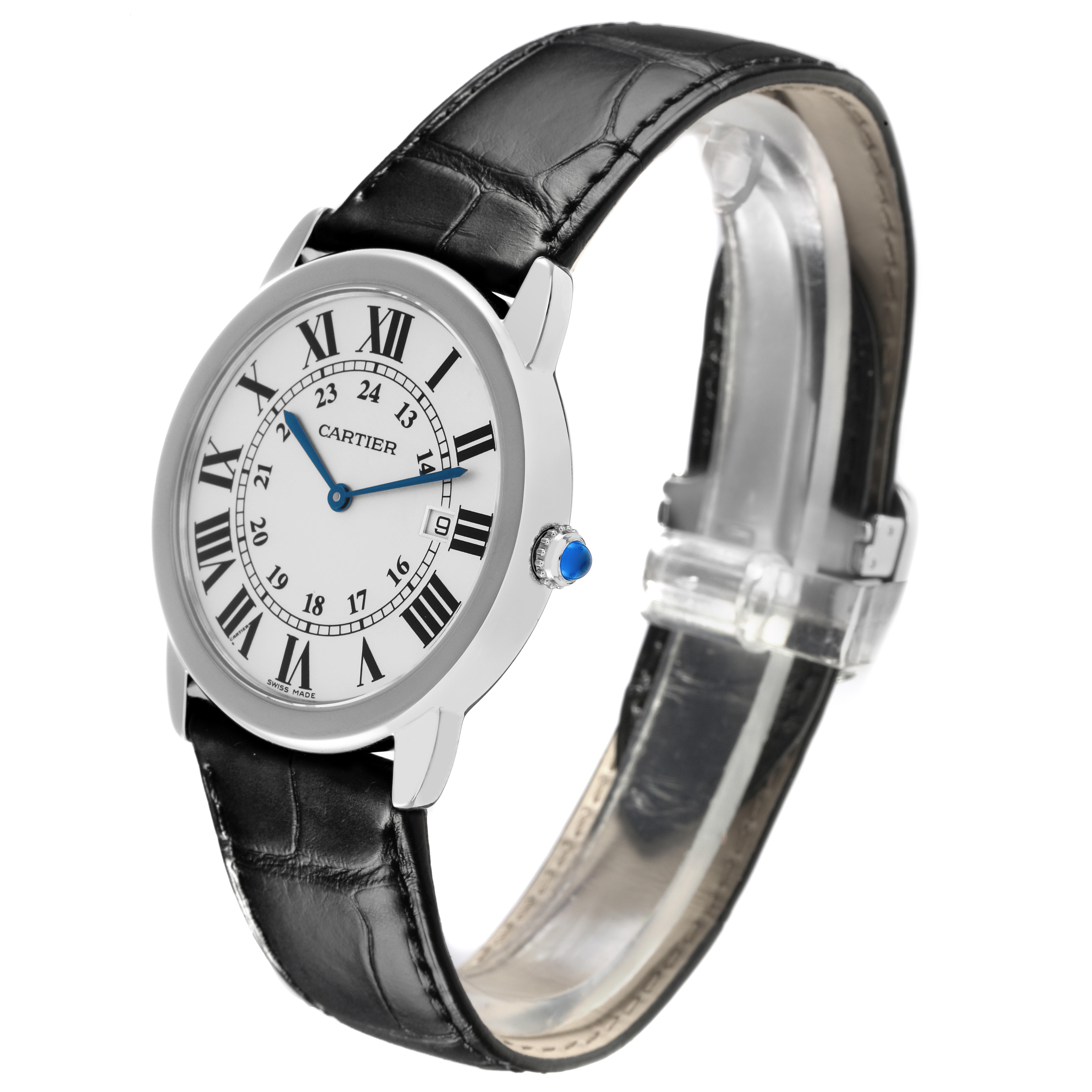 The Cartier Ronde W6700255 Men
s Stainless Steel Silver Dial W6700255 Men
s Stainless Steel Silver Dial watch is displayed at a slight angle, showing the face, Roman numerals, blue hands, and black leather strap.