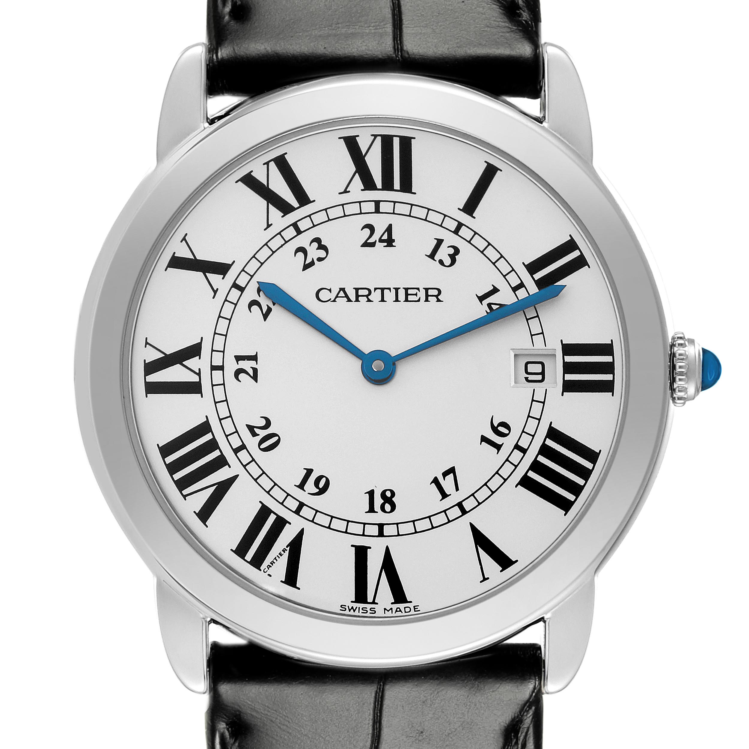 The Cartier Ronde W6700255 Men
s Stainless Steel Silver Dial W6700255 Men
s Stainless Steel Silver Dial watch is shown from the front, highlighting its dial, Roman numerals, blue hands, and date window.
