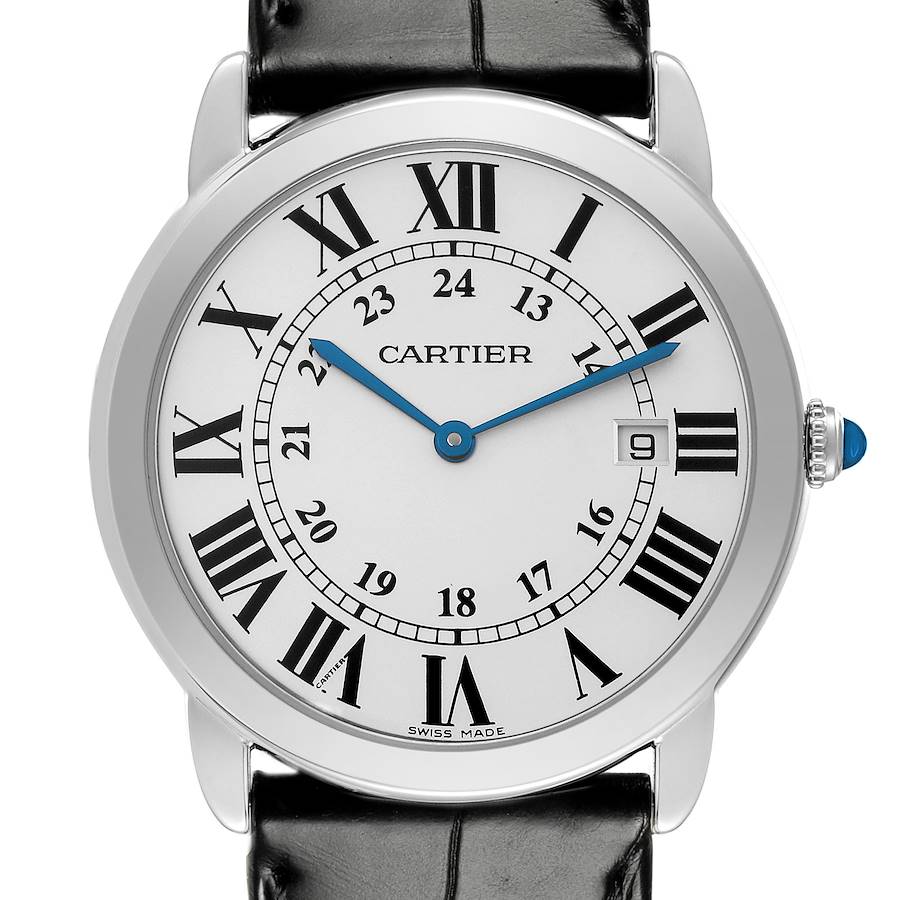 The Cartier Ronde watch is shown from the front, highlighting its dial, Roman numerals, blue hands, and date window.