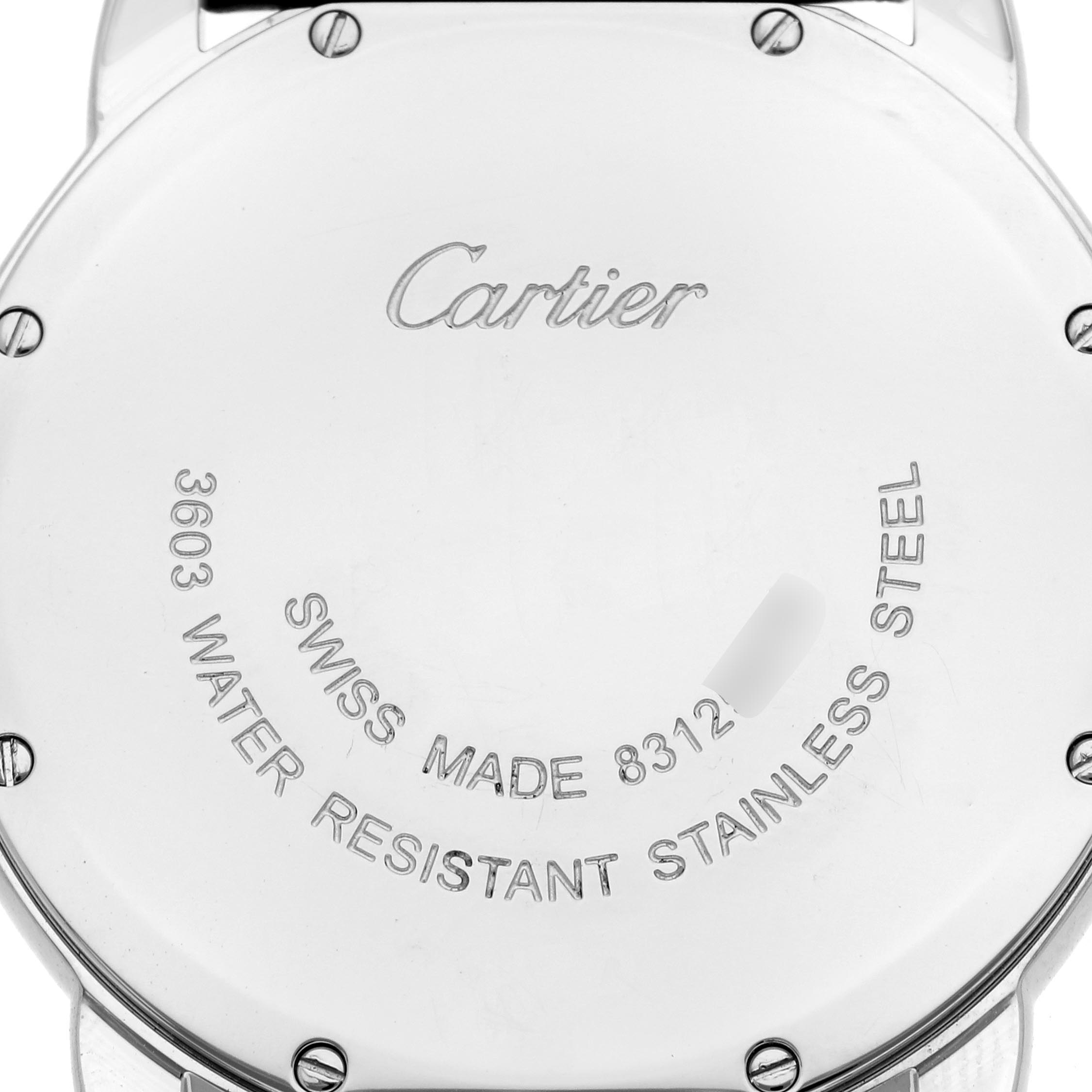 The image shows the back casing of a Cartier Ronde W6700255 Men
s Stainless Steel Silver Dial W6700255 Men
s Stainless Steel Silver Dial watch, highlighting its branding and specifications.