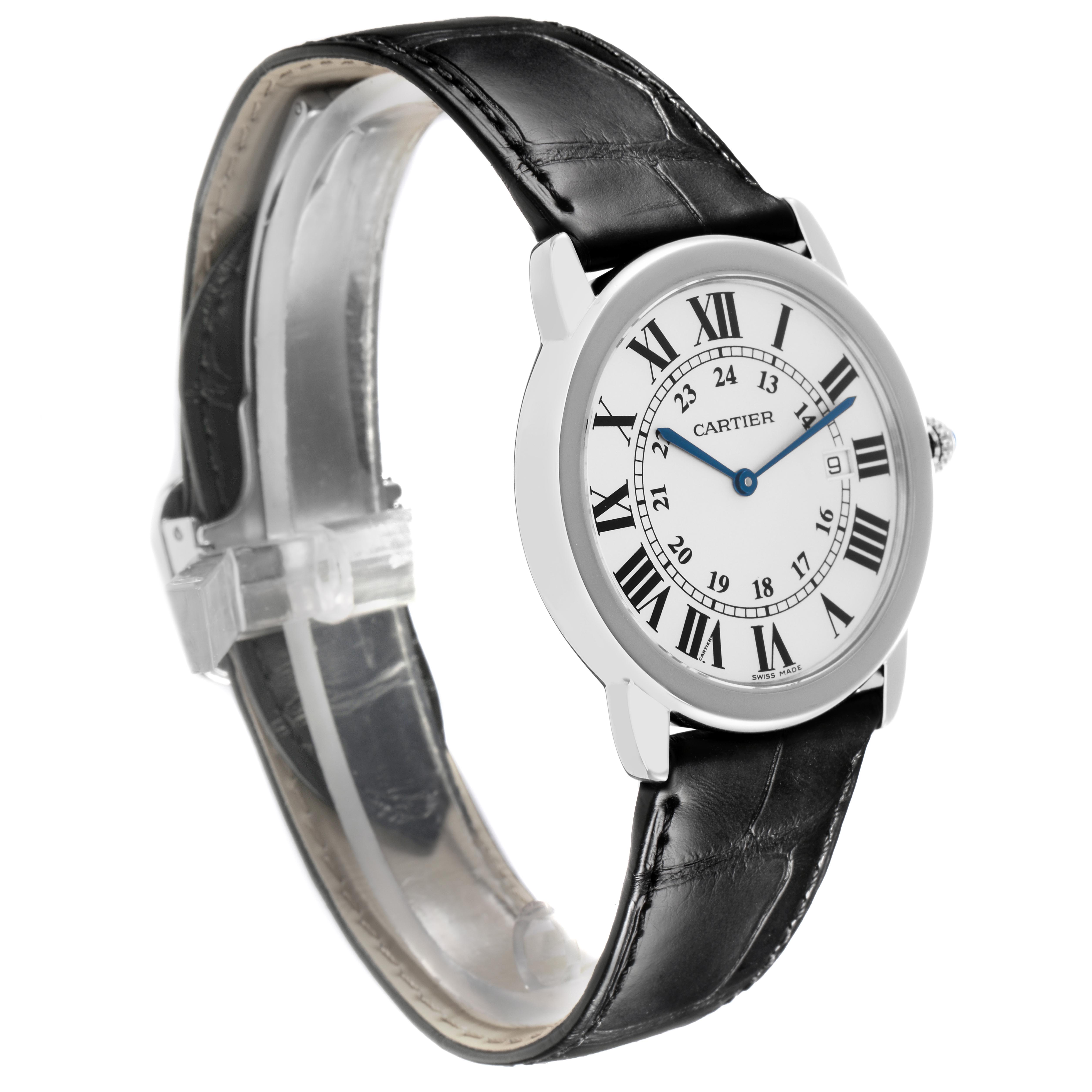 The Cartier Ronde W6700255 Men
s Stainless Steel Silver Dial W6700255 Men
s Stainless Steel Silver Dial watch is shown at a three-quarter angle, displaying the face, black leather strap, and crown detail.