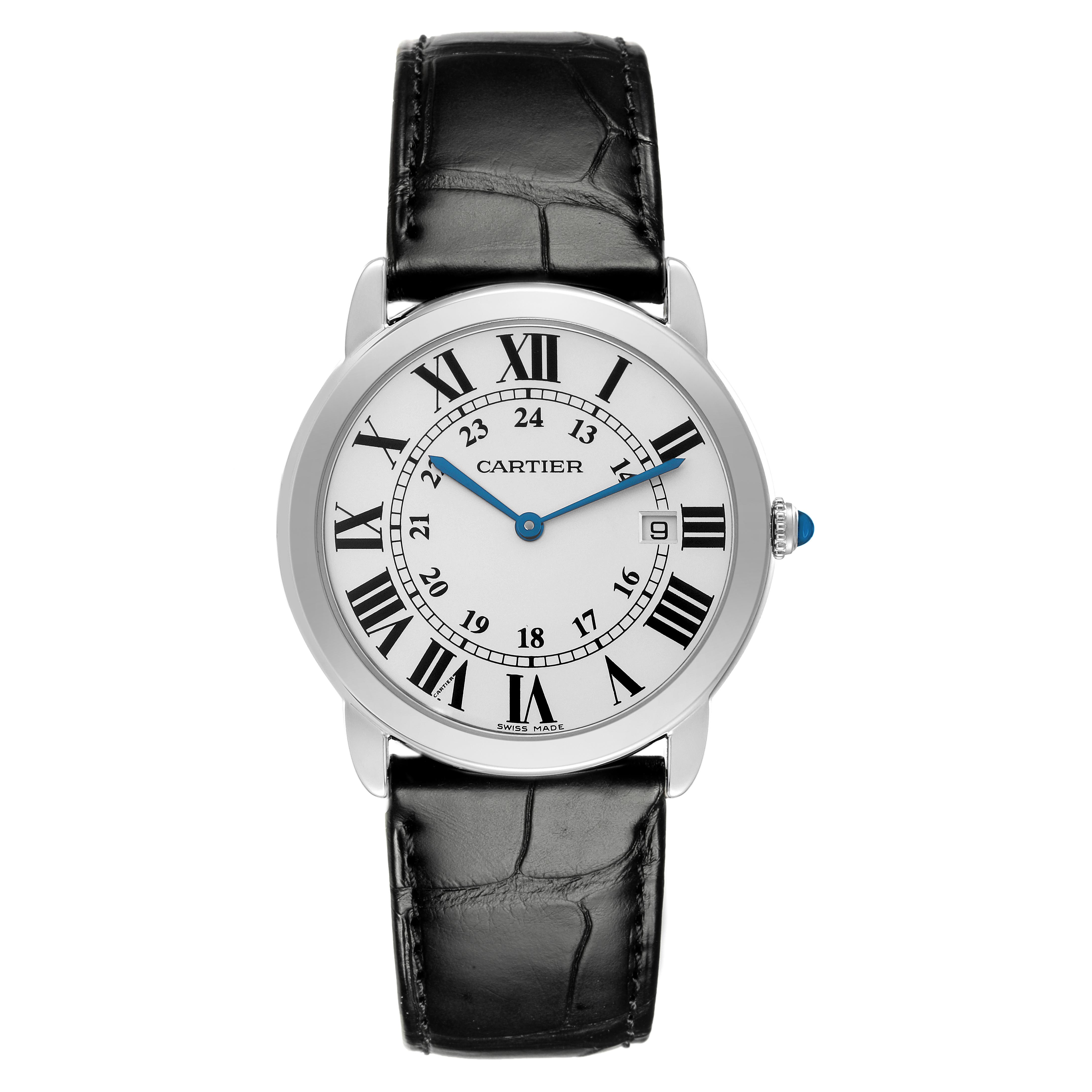 The Cartier Ronde W6700255 Men
s Stainless Steel Silver Dial W6700255 Men
s Stainless Steel Silver Dial watch is shown from a top view, displaying the face, Roman numerals, and black leather strap.