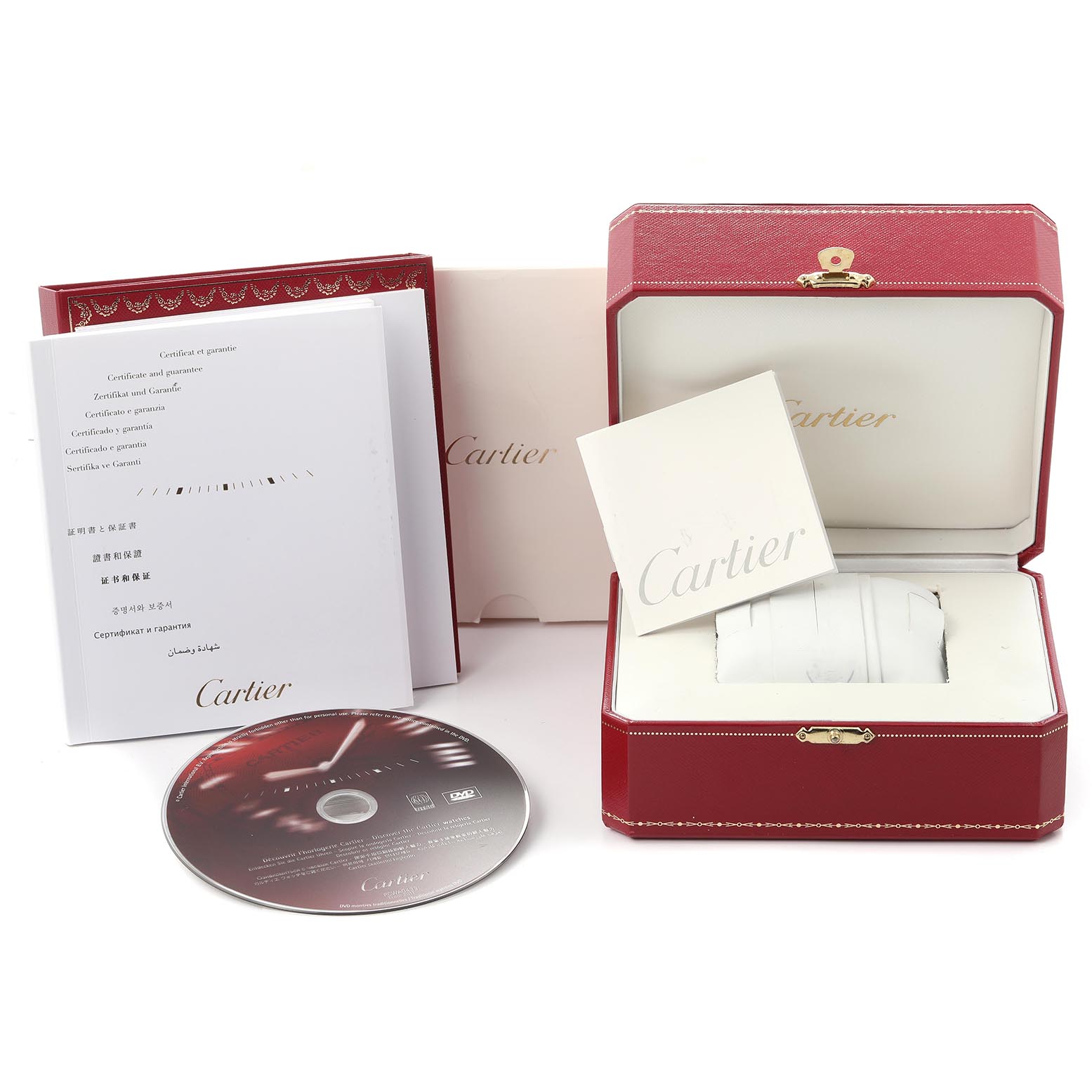 The image shows the Cartier Ronde W6700255 Men
s Stainless Steel Silver Dial W6700255 Men
s Stainless Steel Silver Dial watch packaging, including a red box, booklet, DVD, and warranty documents.