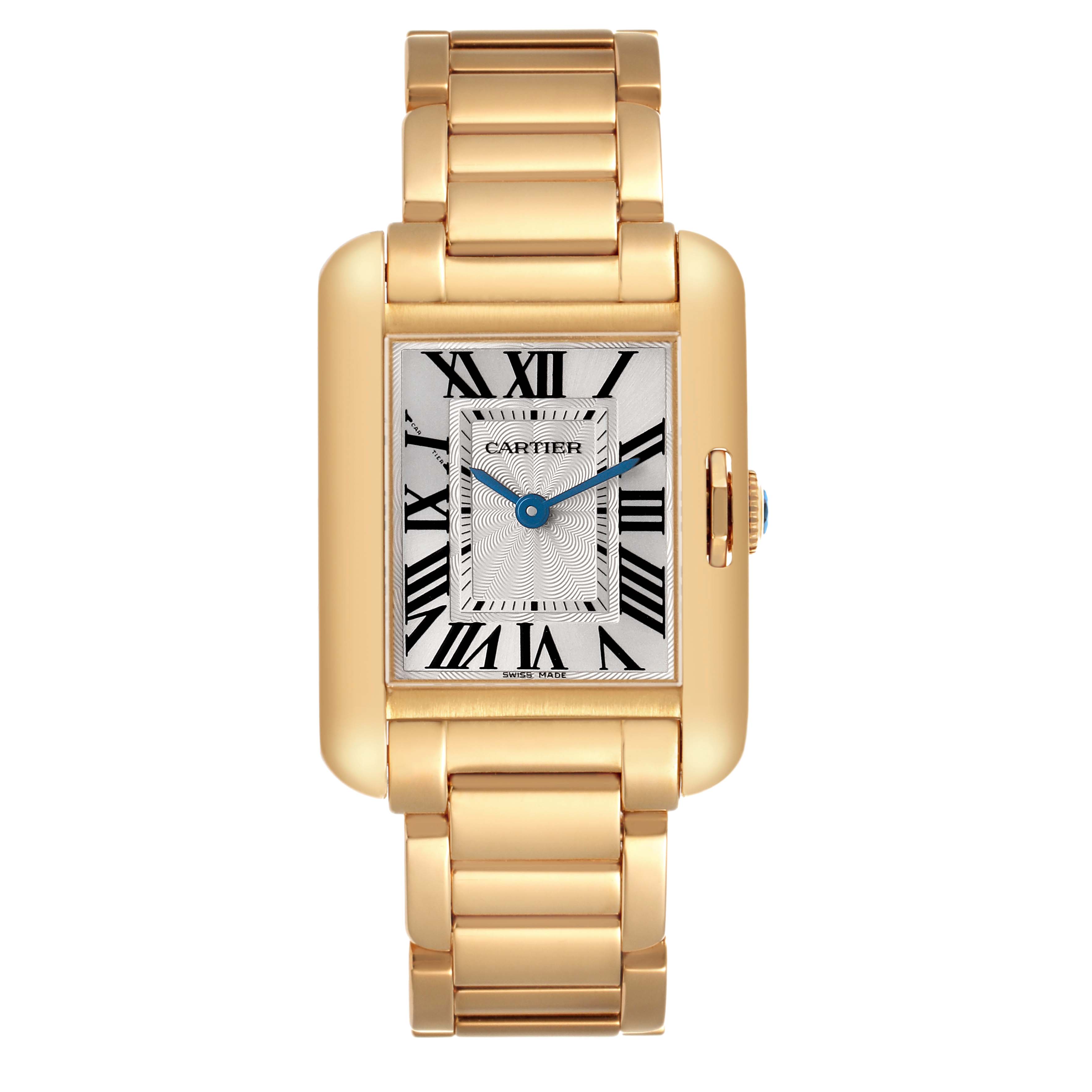 The Cartier Tank Anglaise W5310014 Women's Yellow Gold Silver Dial watch is shown from the front, displaying its rectangular face, Roman numerals, and gold bracelet.