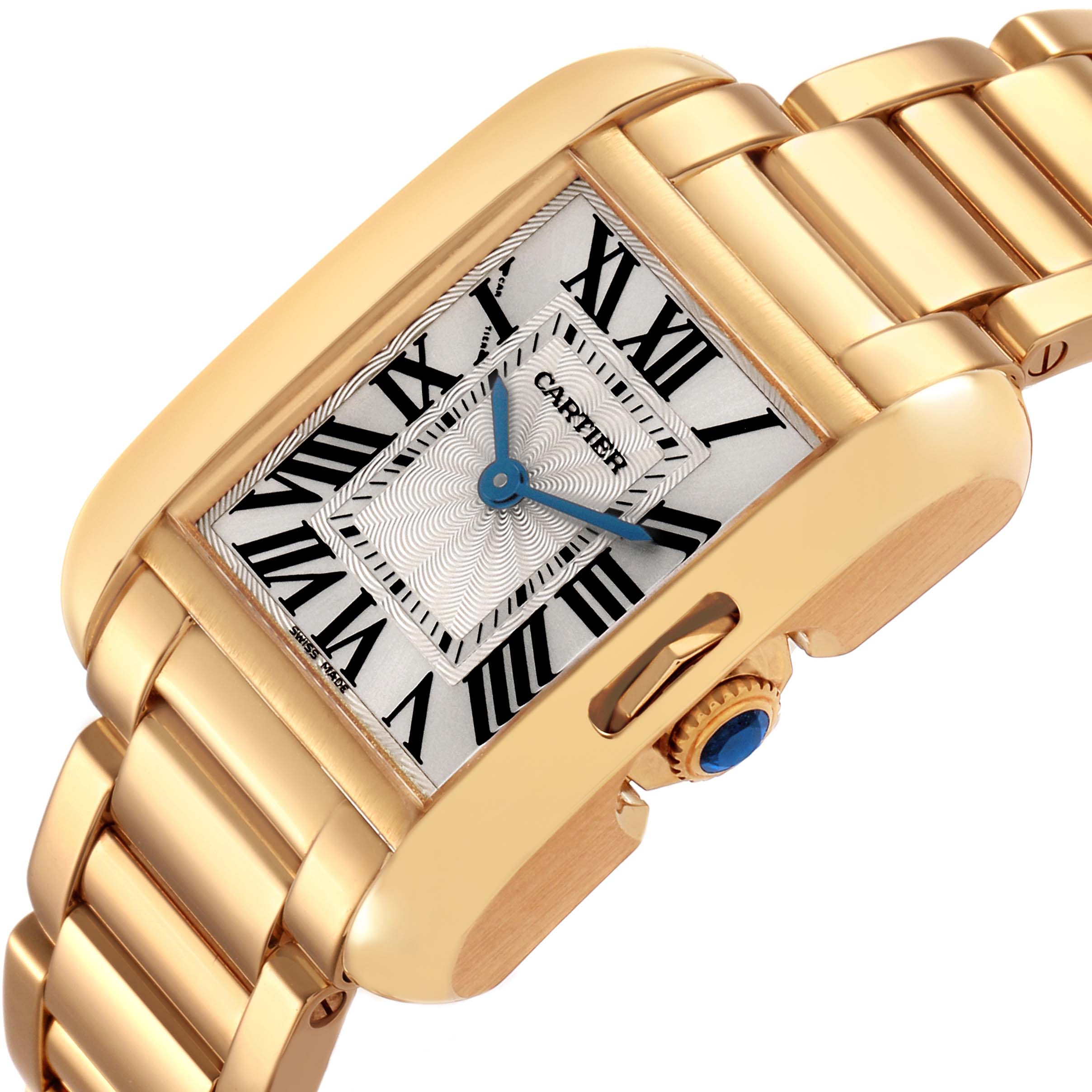 The Cartier Tank Anglaise W5310014 Women's Yellow Gold Silver Dial watch is shown at an angle highlighting the gold case, Roman numeral dial, and metal bracelet.