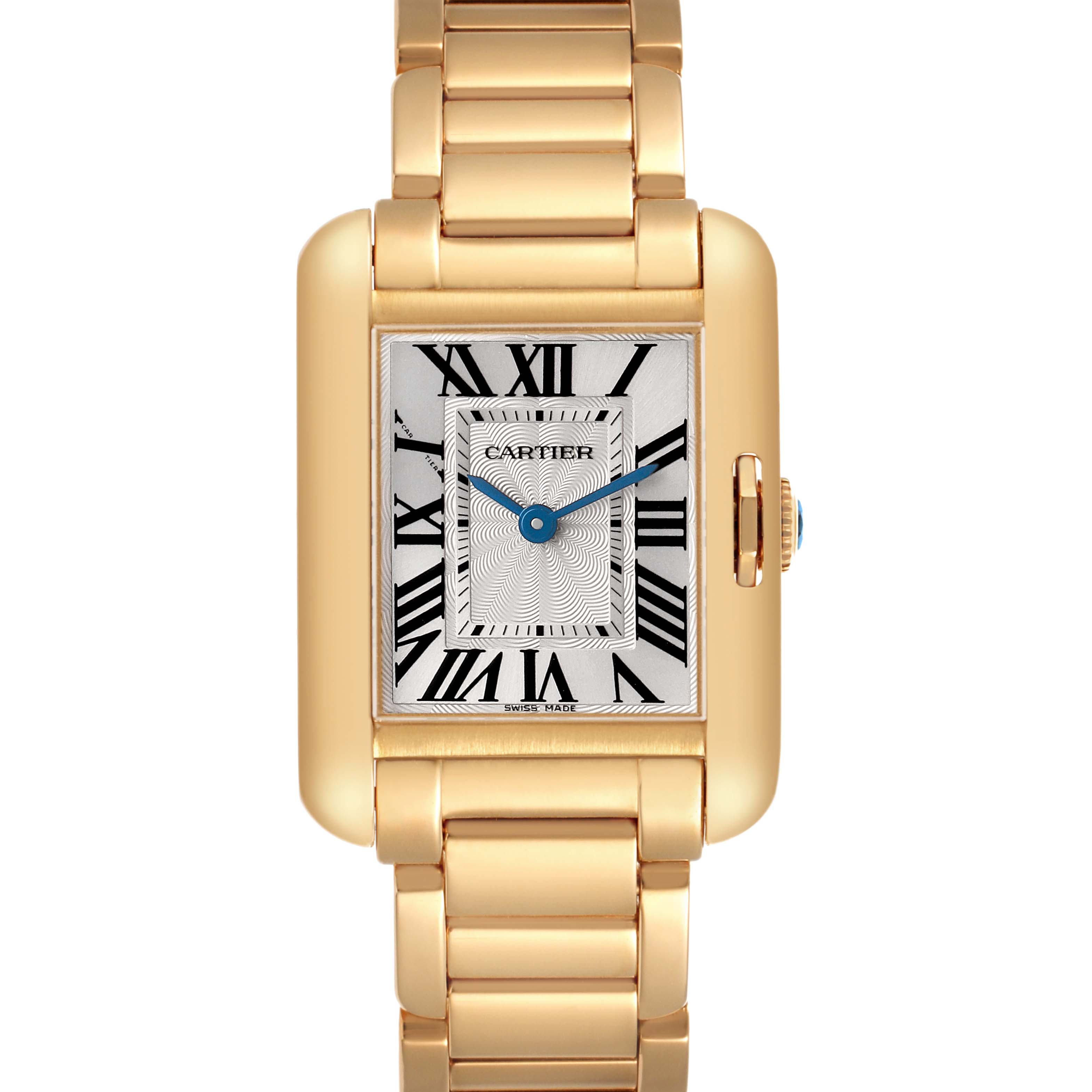 The Cartier Tank Anglaise W5310014 Women's Yellow Gold Silver Dial watch is shown from the front, highlighting the case, Roman numerals, and metal bracelet.