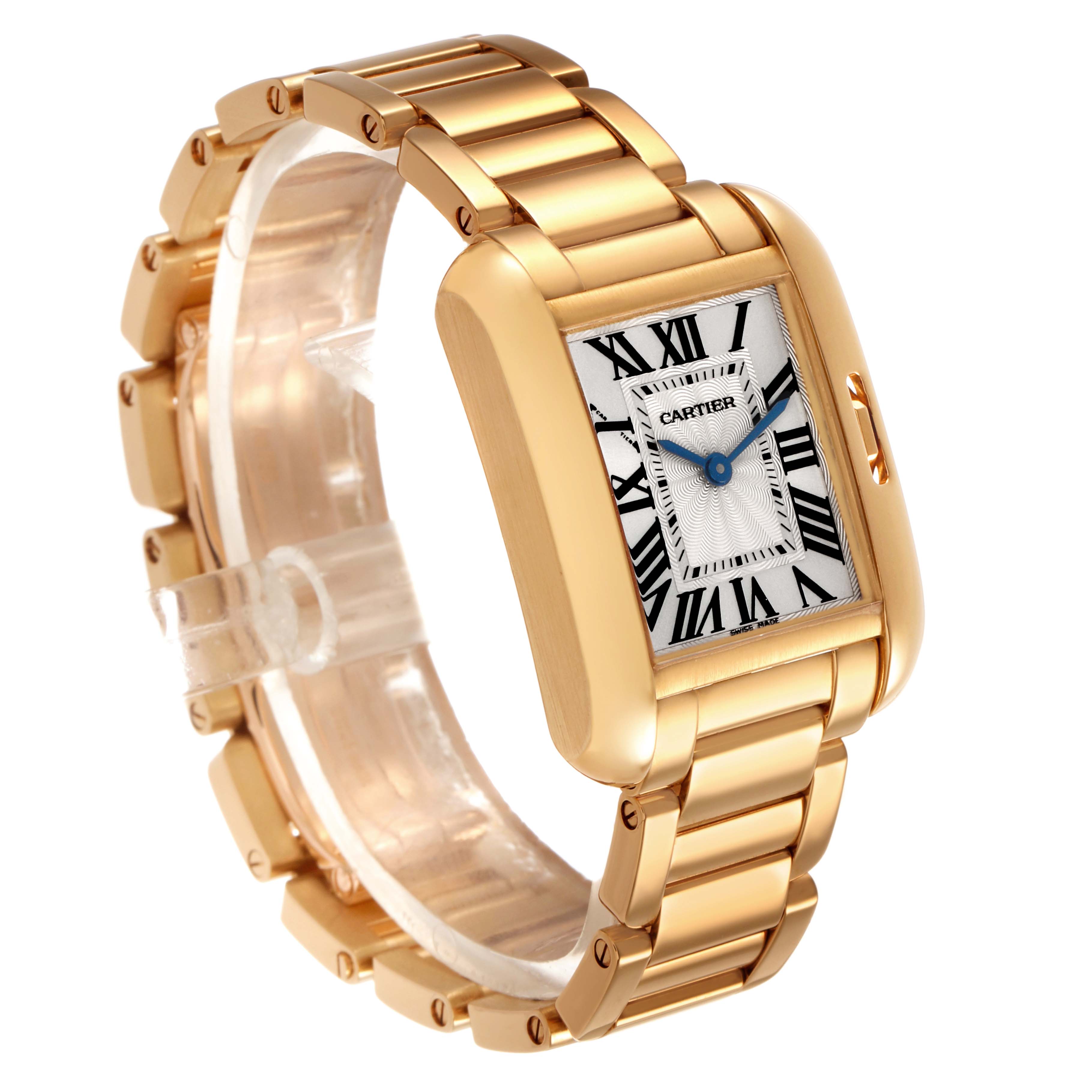 The Cartier Tank Anglaise W5310014 Women's Yellow Gold Silver Dial watch is shown at a 3/4 angle, highlighting its gold case, bracelet, and rectangular Roman numeral dial.