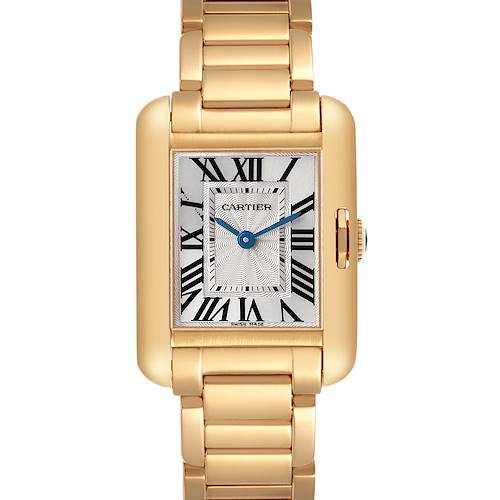 The Cartier Tank Anglaise W5310014 Women's Yellow Gold Silver Dial watch is shown from the front, highlighting its rectangular face, Roman numerals, and metal bracelet.