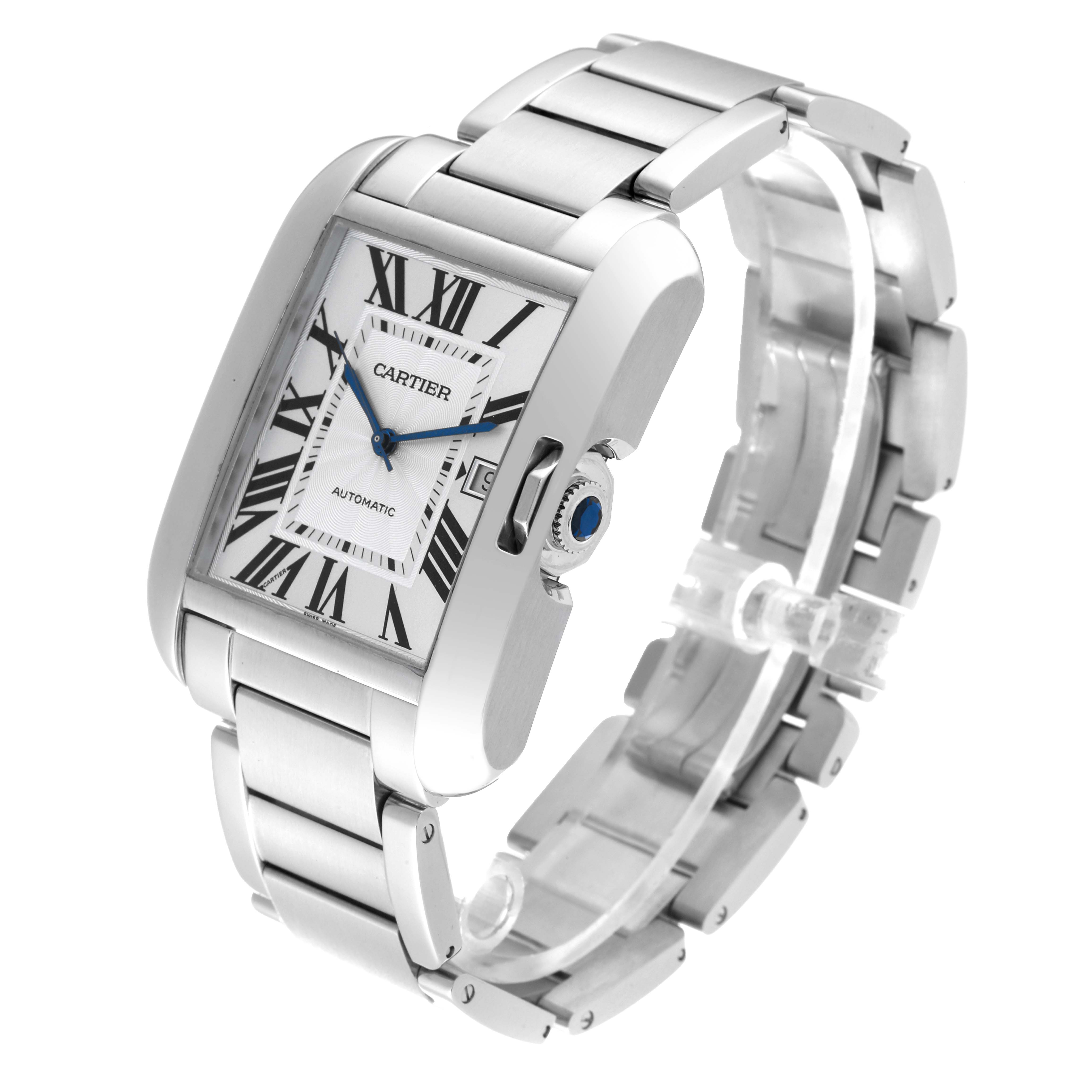 The Cartier Tank Anglaise W5310008 Men's Stainless Steel Silver Dial W5310008 Men's Stainless Steel Silver Dial watch is shown in a three-quarter angle highlighting its face, bezel, bracelet, and crown.