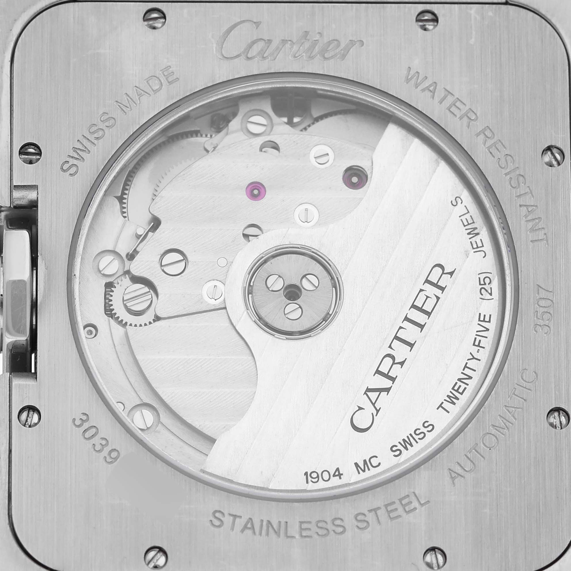 The image shows the back of a Cartier Tank Anglaise W5310008 Men's Stainless Steel Silver Dial W5310008 Men's Stainless Steel Silver Dial watch, displaying its movement and engravings.