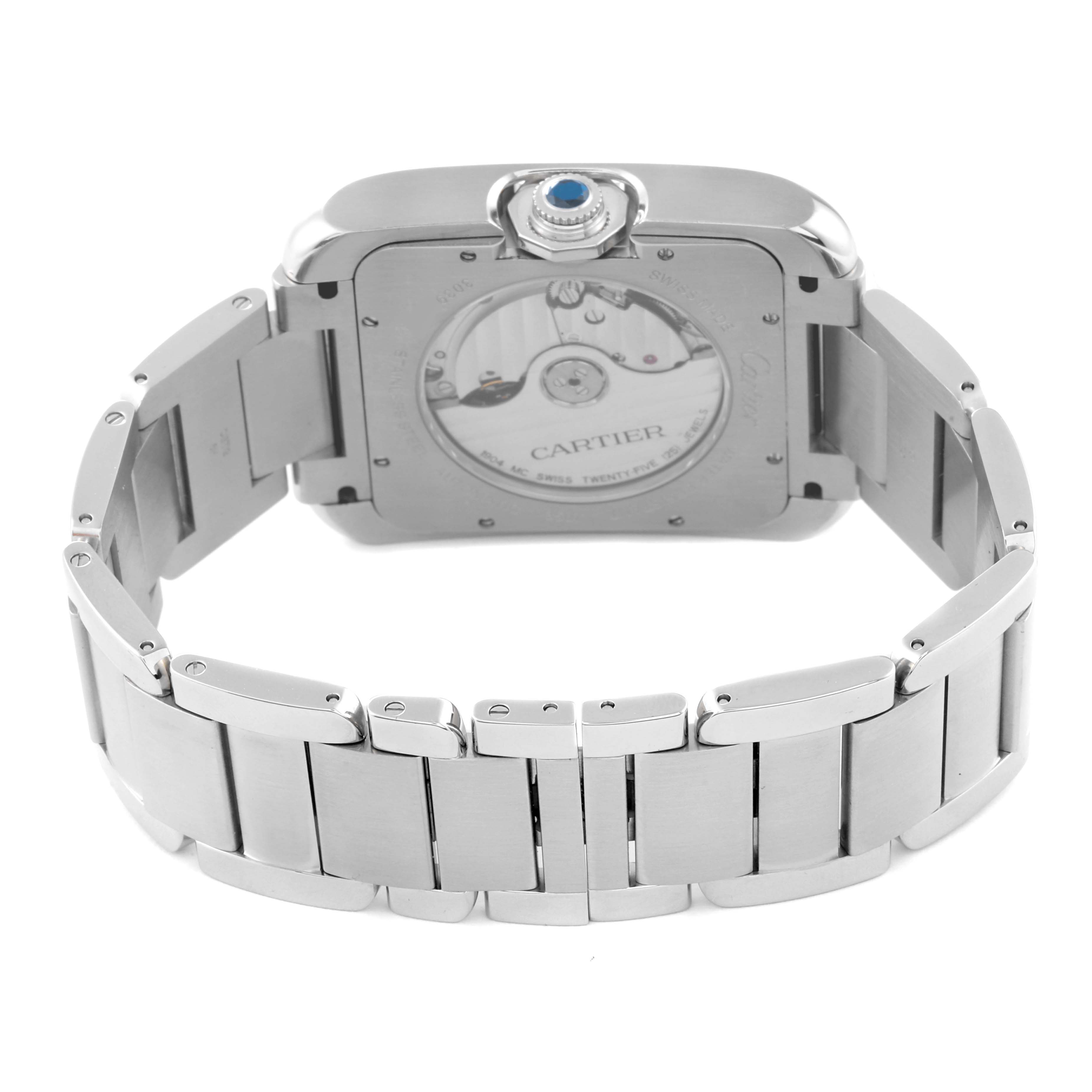 The image shows the back view of a Cartier Tank Anglaise W5310008 Men's Stainless Steel Silver Dial W5310008 Men's Stainless Steel Silver Dial watch, highlighting the bracelet links and visible internal mechanics.