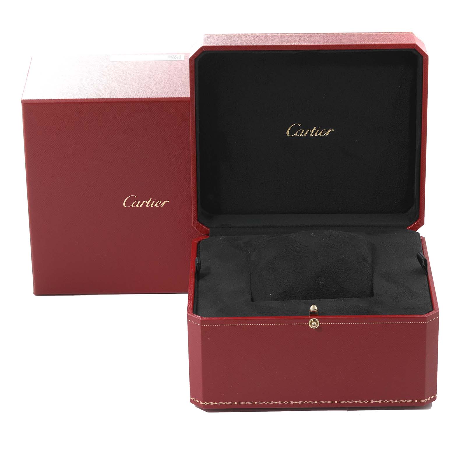 The image shows a red Cartier box for the Tank Anglaise model watch, opened to reveal a black interior.