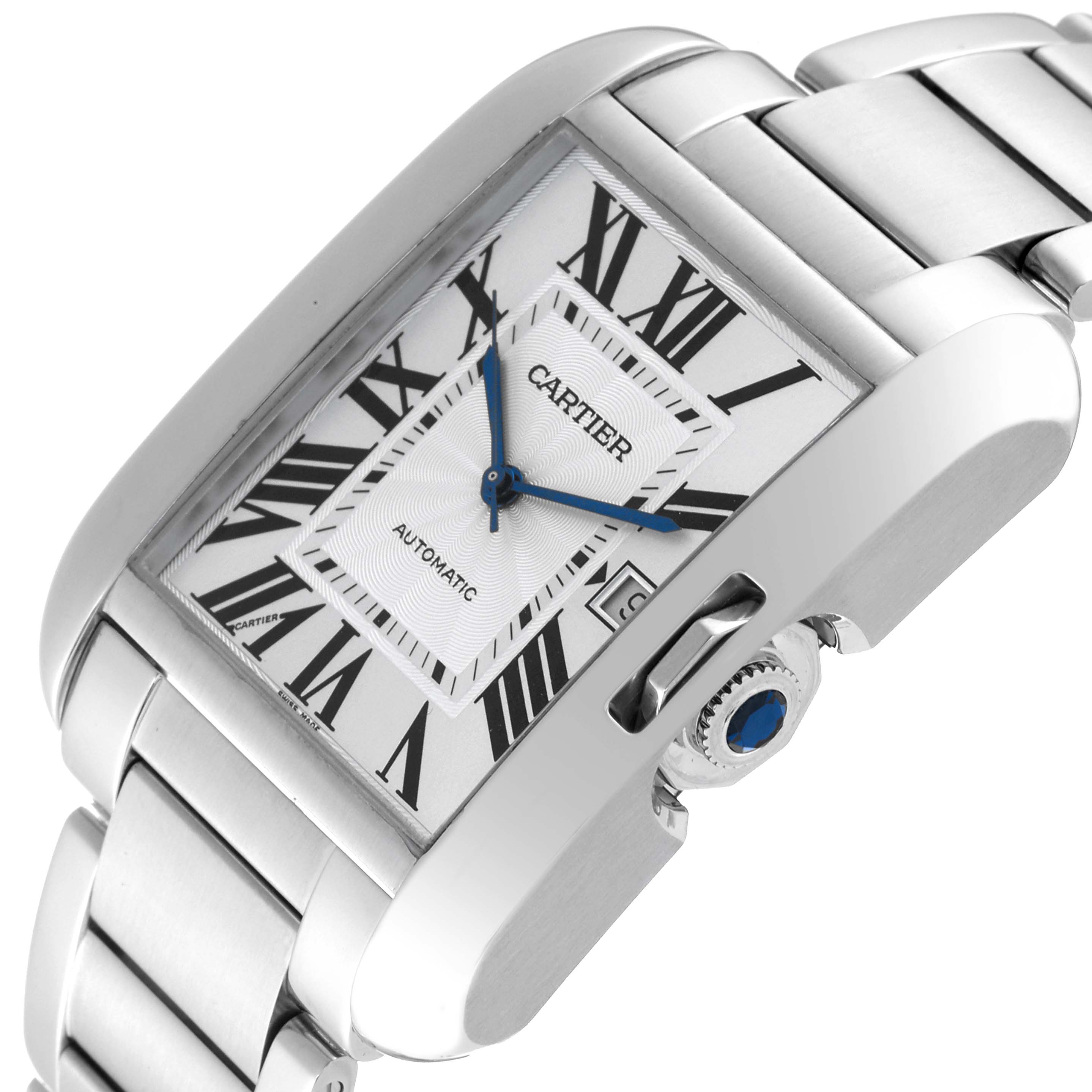 The image shows a close-up, angled view of the Cartier Tank Anglaise W5310008 Men's Stainless Steel Silver Dial W5310008 Men's Stainless Steel Silver Dial watch, focusing on the dial, bracelet, and crown. 