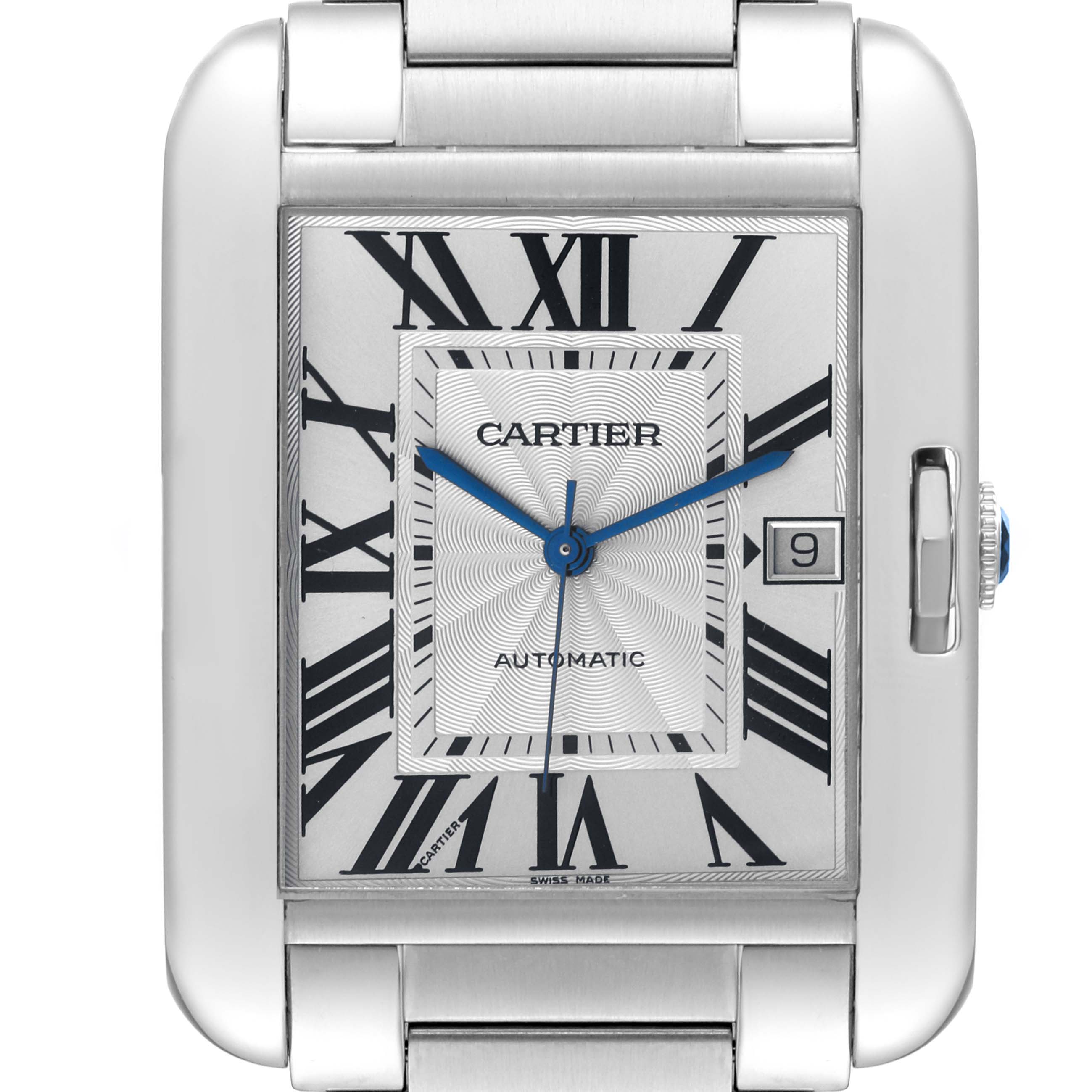 This image shows a close-up front view of the Cartier Tank Anglaise W5310008 Men's Stainless Steel Silver Dial W5310008 Men's Stainless Steel Silver Dial watch, highlighting the dial, hands, and date window.