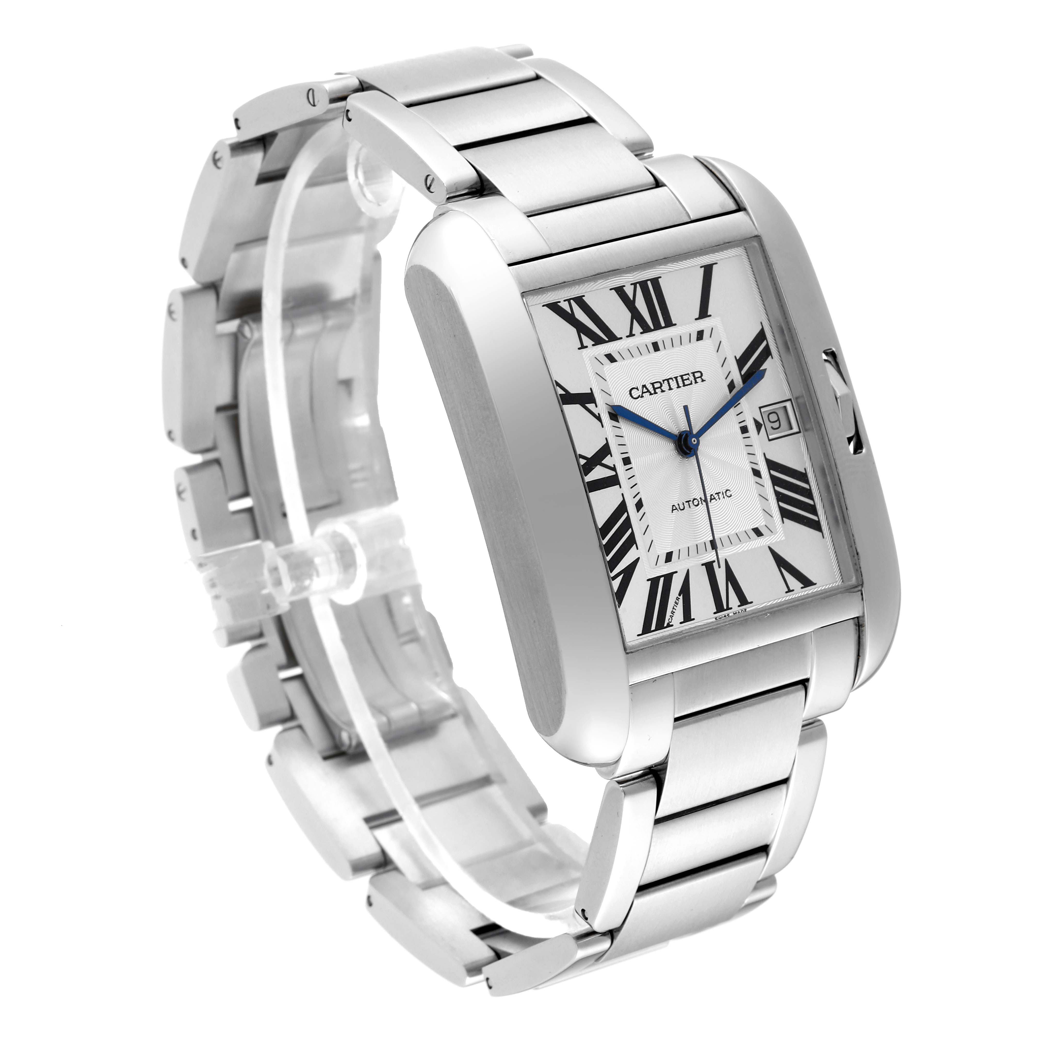 This image shows a side-front angle of the Cartier Tank Anglaise W5310008 Men's Stainless Steel Silver Dial W5310008 Men's Stainless Steel Silver Dial watch, highlighting the bracelet and rectangular dial.