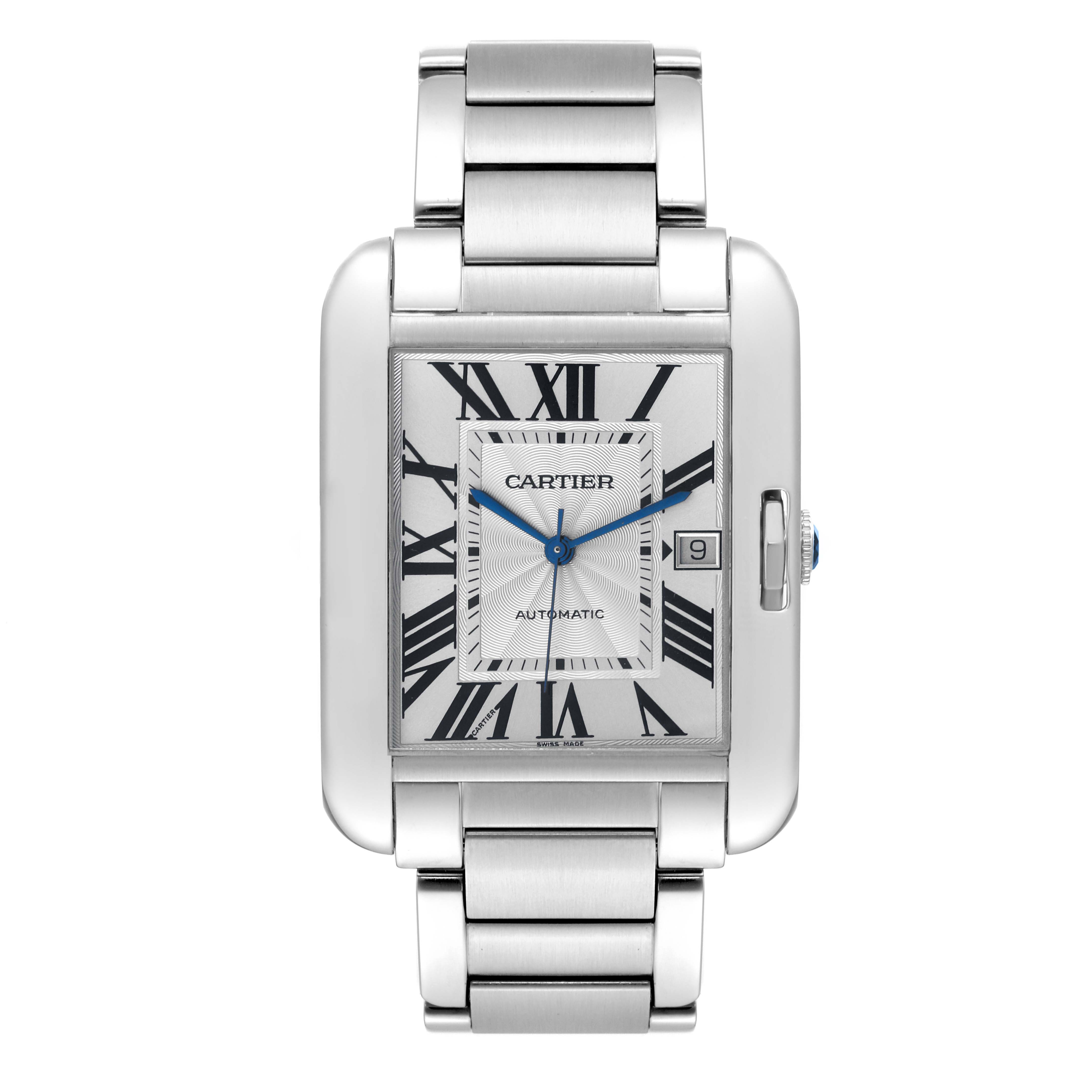 The image shows a front view of the Cartier Tank Anglaise W5310008 Men's Stainless Steel Silver Dial W5310008 Men's Stainless Steel Silver Dial watch, highlighting its rectangular dial, Roman numerals, and metal bracelet.