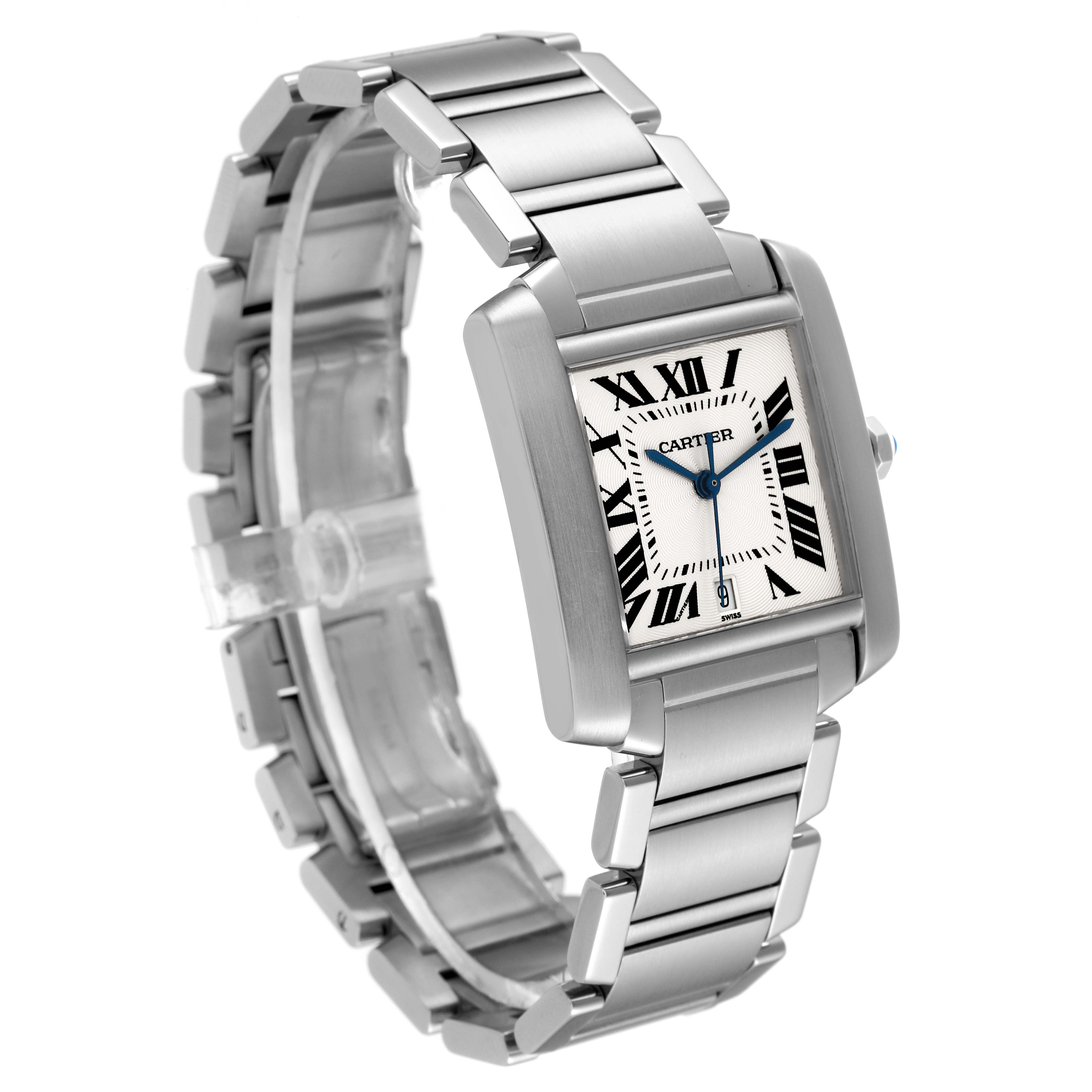 This Cartier Tank Française watch is shown at a three-quarter angle, highlighting its silver bracelet and rectangular face.
