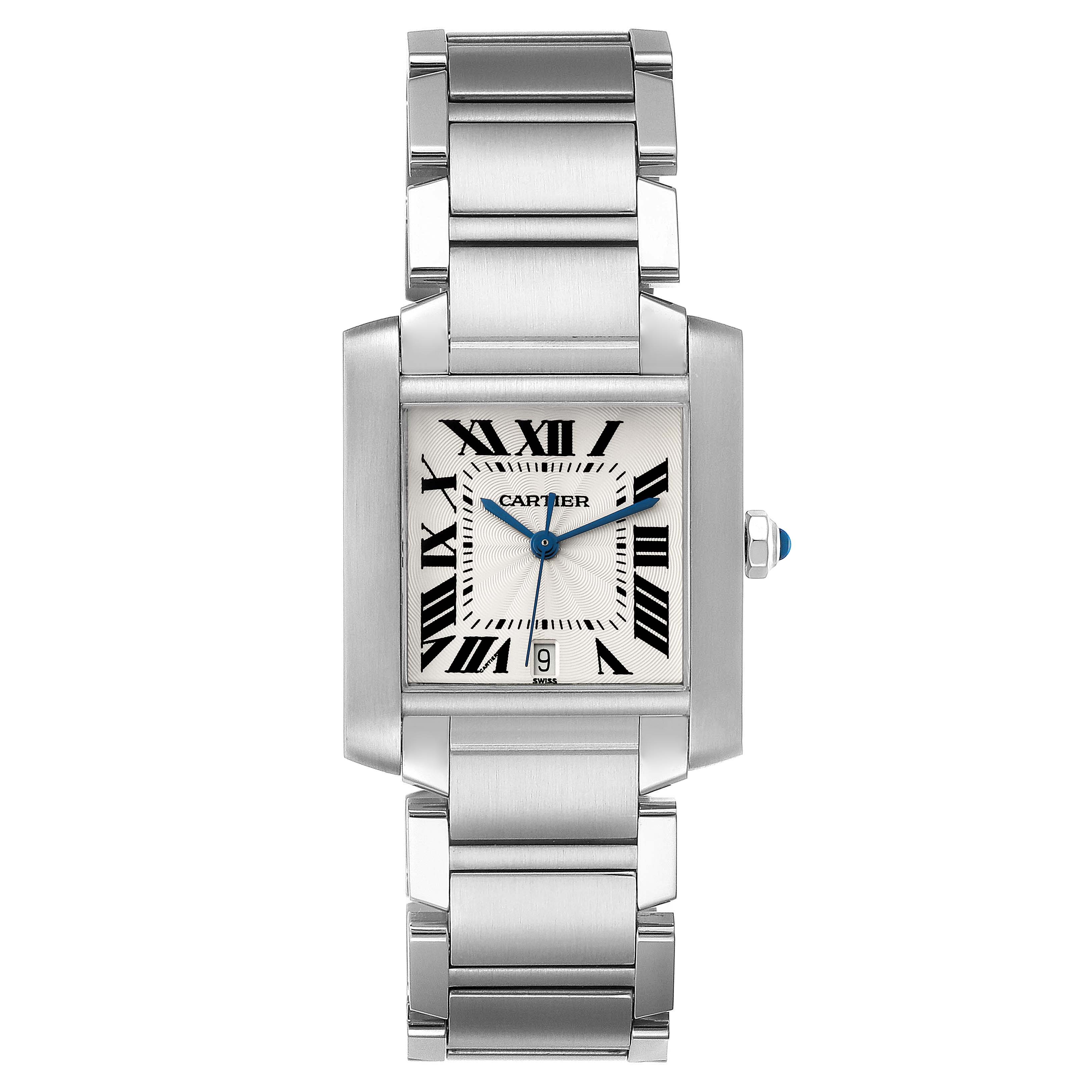 This Cartier Tank Francaise W51002Q3 Men
s Stainless Steel Silver Dial W51002Q3 Men
s Stainless Steel Silver Dial watch is shown from a front angle, highlighting its stainless steel case, blue hands, and Roman numeral face.