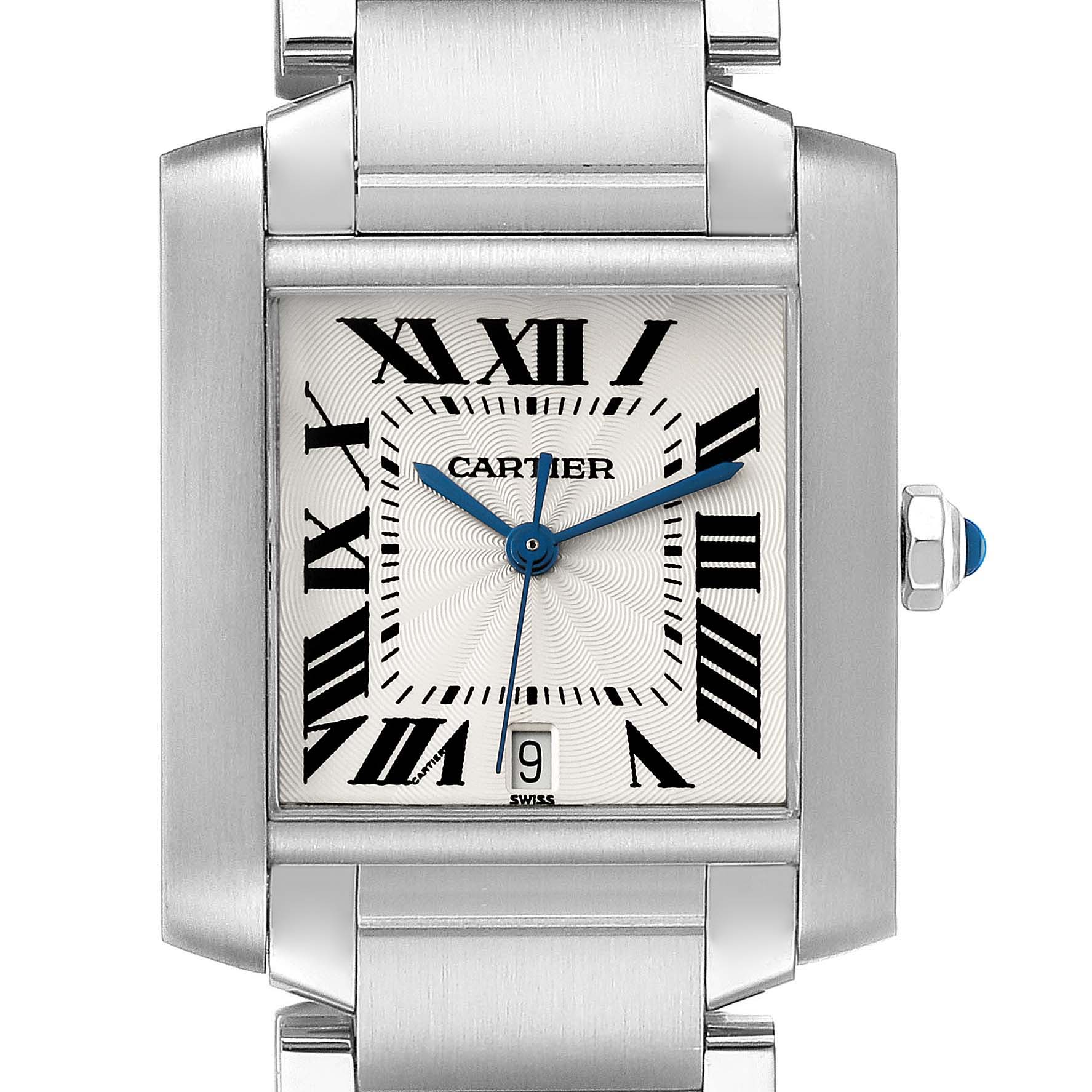 The Cartier Tank Francaise W51002Q3 Men
s Stainless Steel Silver Dial W51002Q3 Men
s Stainless Steel Silver Dial watch is shown from a front angle, highlighting the dial, Roman numerals, date window, and part of the stainless steel bracelet.