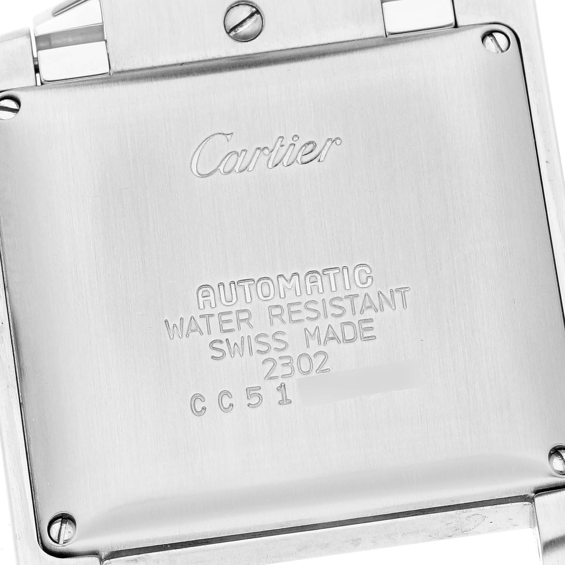 The image shows the back casing of a Cartier Tank Française watch, displaying the brand and specifications.