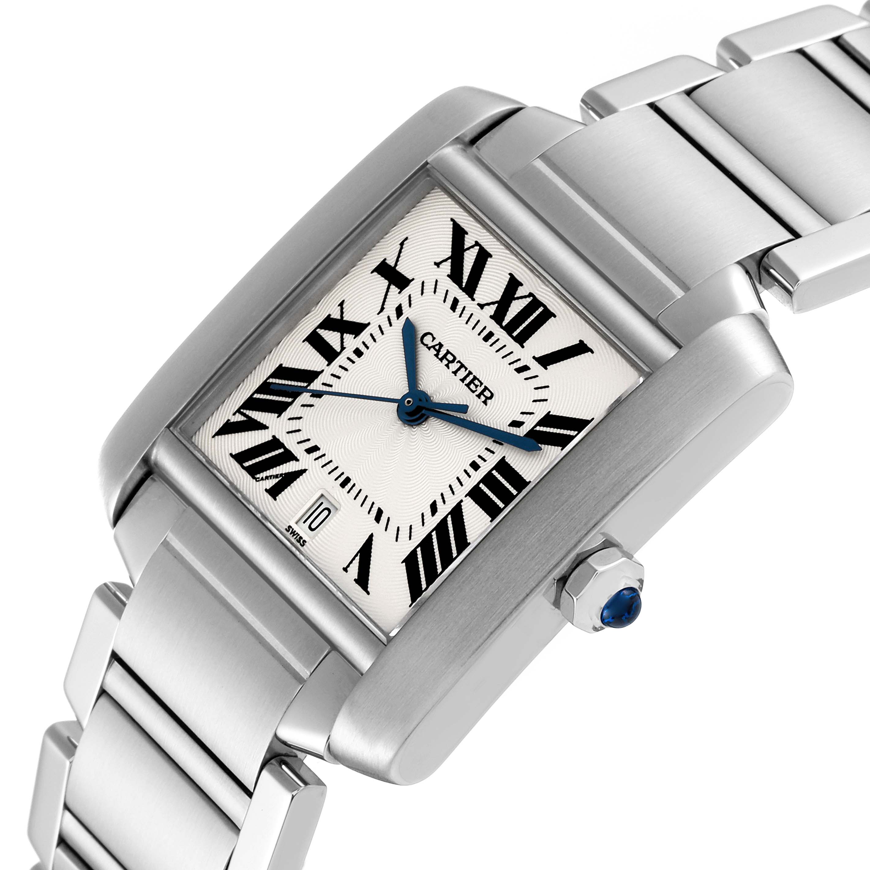 The image shows a close-up angle of a Cartier Tank Francaise W51002Q3 Men
s Stainless Steel Silver Dial W51002Q3 Men
s Stainless Steel Silver Dial watch, displaying its dial, crown, and part of the stainless steel bracelet.