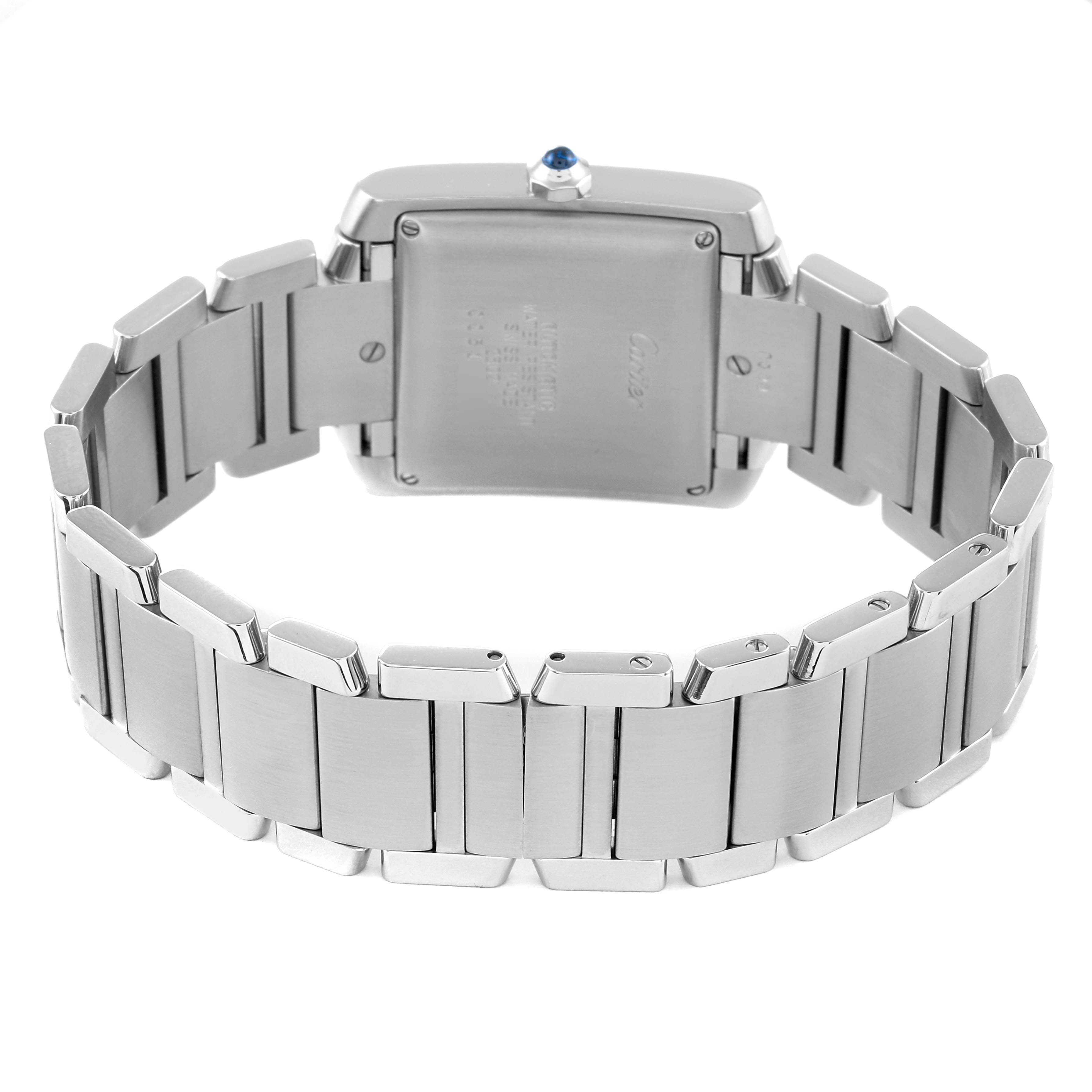 The image shows the back and bracelet of a Cartier Tank Francaise W51002Q3 Men
s Stainless Steel Silver Dial W51002Q3 Men
s Stainless Steel Silver Dial watch from a rear view angle.