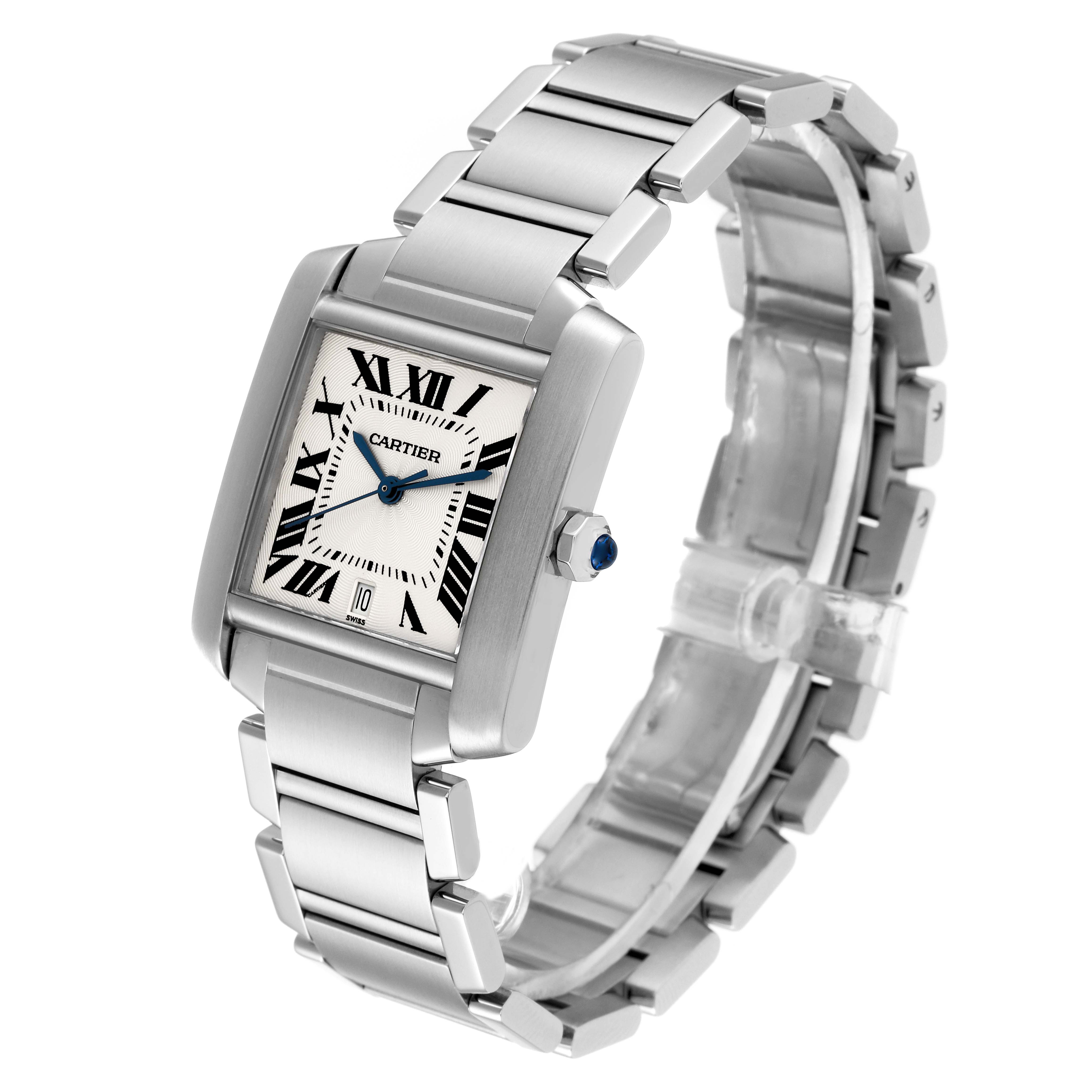 The Cartier Tank Francaise W51002Q3 Men
s Stainless Steel Silver Dial W51002Q3 Men
s Stainless Steel Silver Dial watch is shown at an oblique angle, displaying its rectangular dial, metal bracelet, and crown with a blue gemstone.