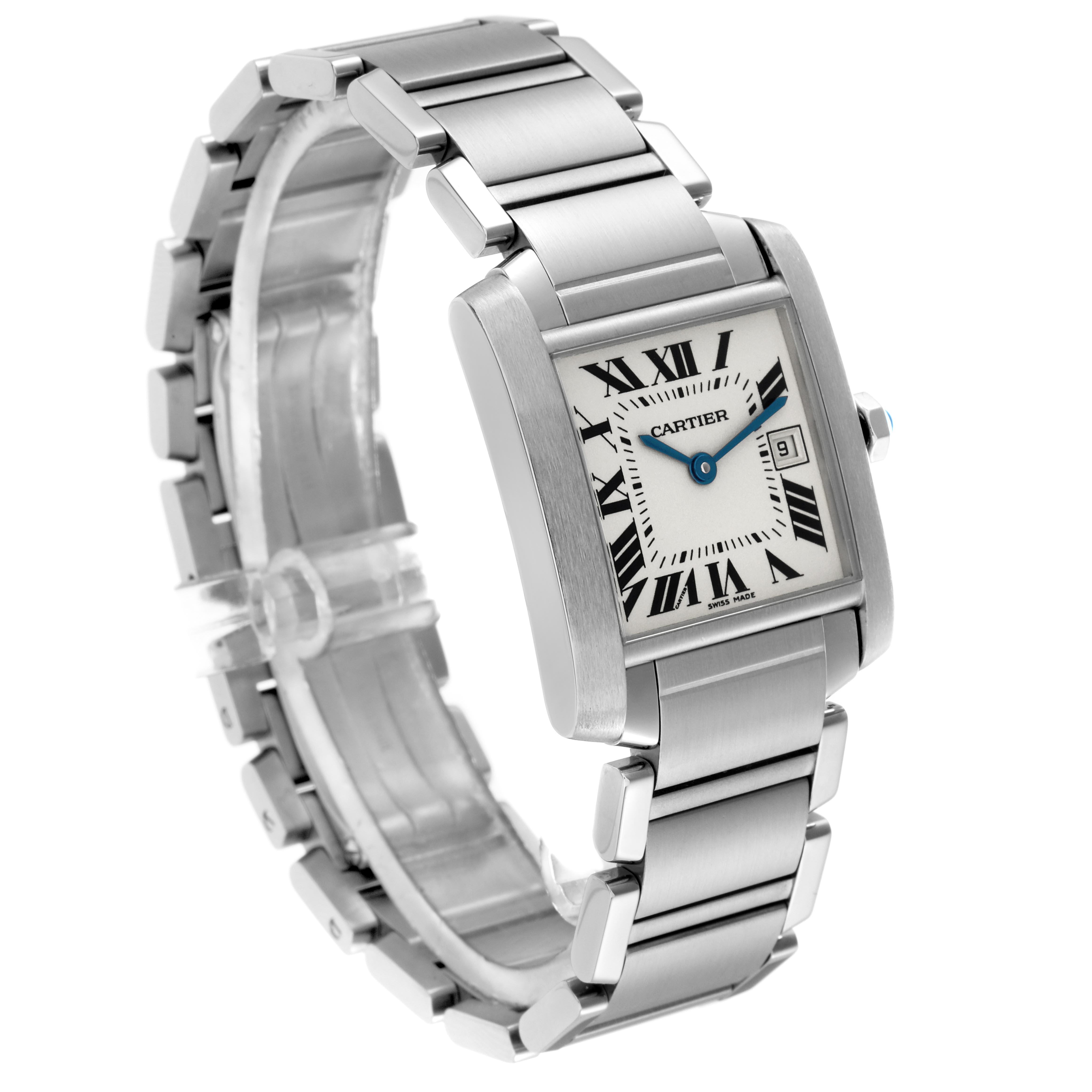 The Cartier Tank Française watch is shown at a three-quarter angle, highlighting the face, Roman numerals, and stainless steel bracelet.