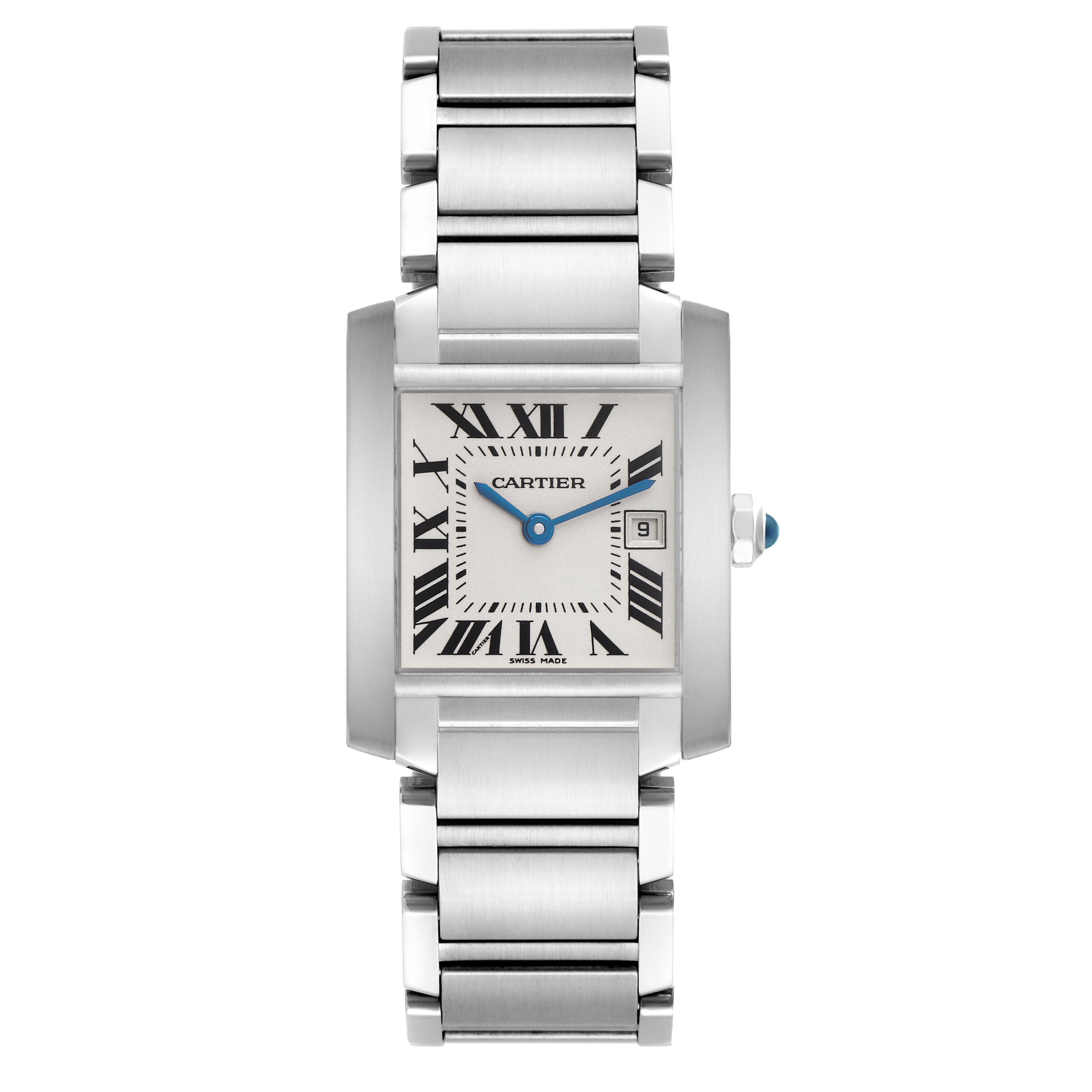 The Cartier Tank Francaise W51011Q3 Women
s Stainless Steel Silver Dial W51011Q3 Women
s Stainless Steel Silver Dial watch is shown from a top view, displaying the face, bracelet, and crown.